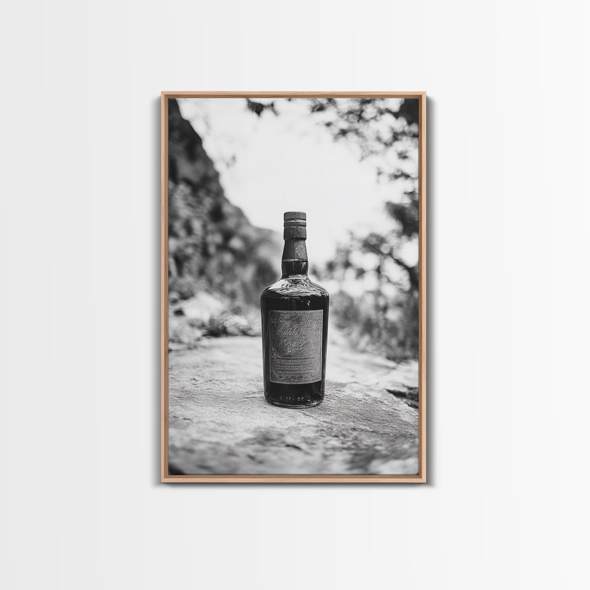 Vintage Whiskey Bottle, Rustic Outdoor Still, Timeless Spirits, Aged Detail, Framed Canvas Print, Man Cave Art, Bar Wall Decor