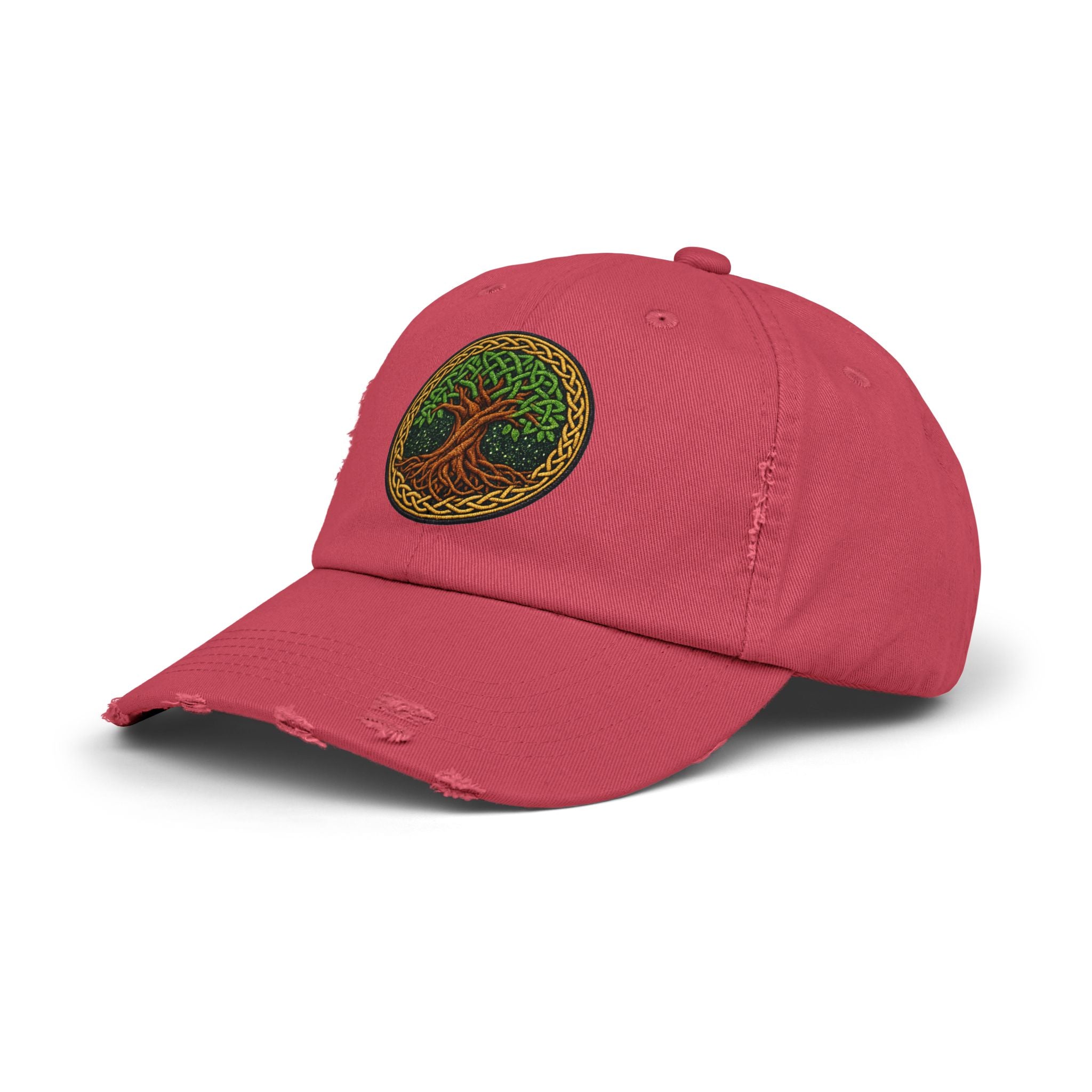 Distressed Baseball Cap — Celtic Tree of Life Faux-Embroidered Adjustable Hat