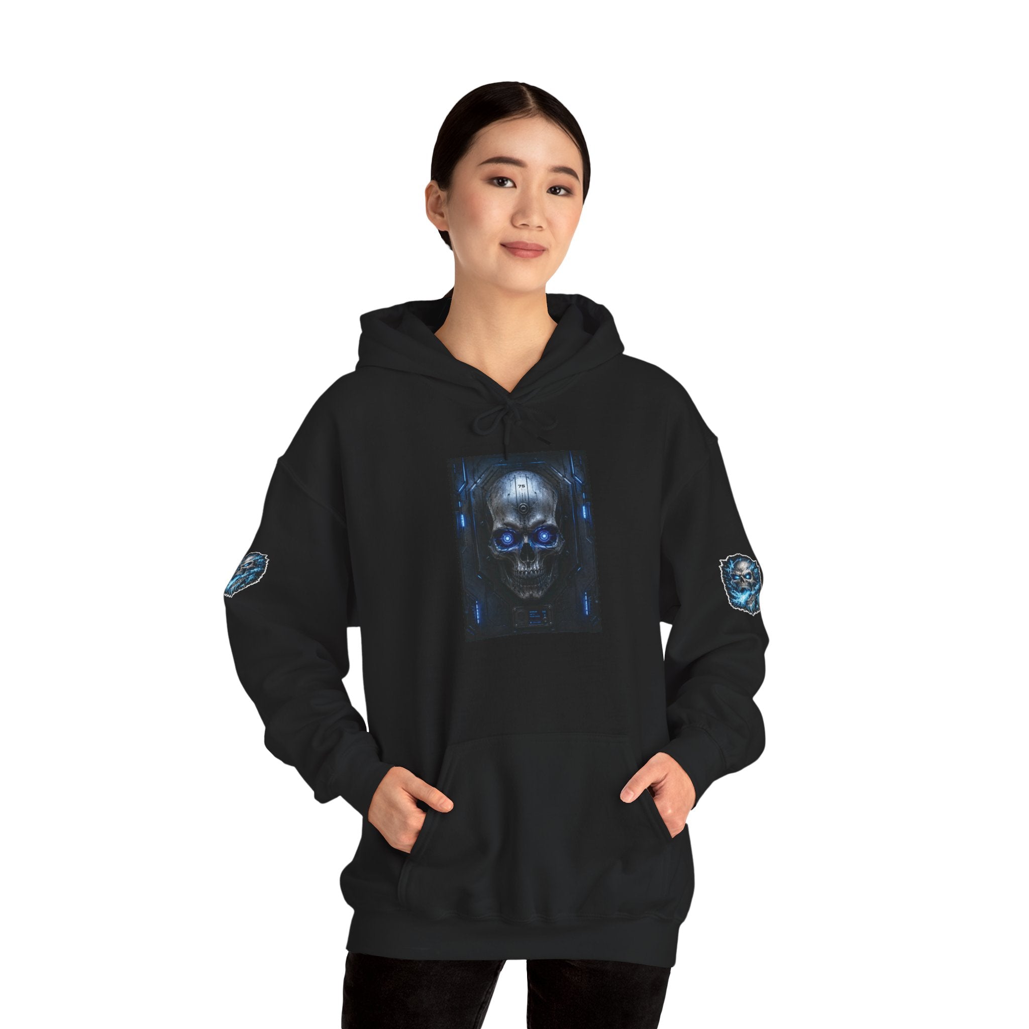 Premium Skull Hoodie — Blue Cyber Skull Graphic Pullover