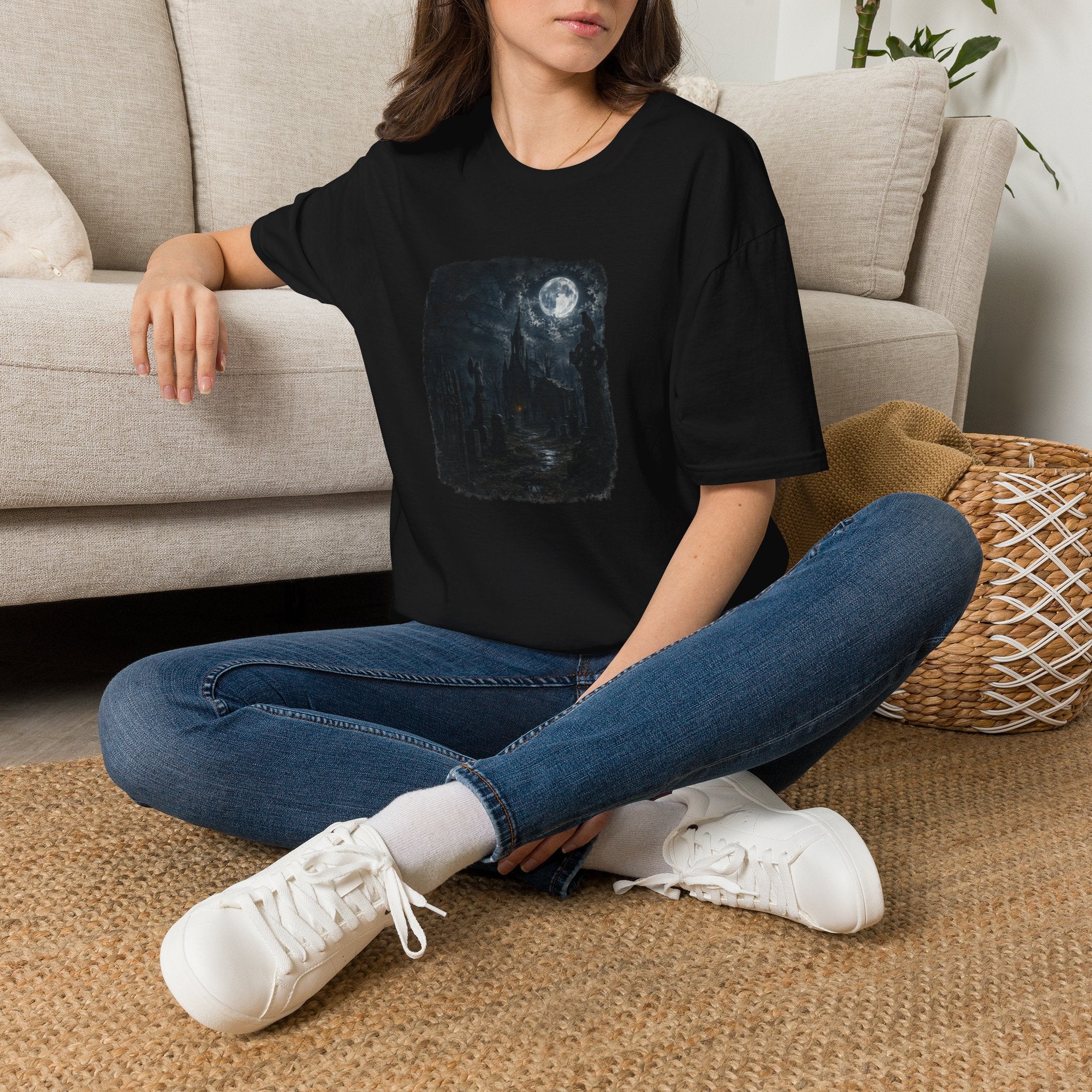 Moonlit Castle T-Shirt — Gothic Night Sky Tee for Fantasy & Goth Fans