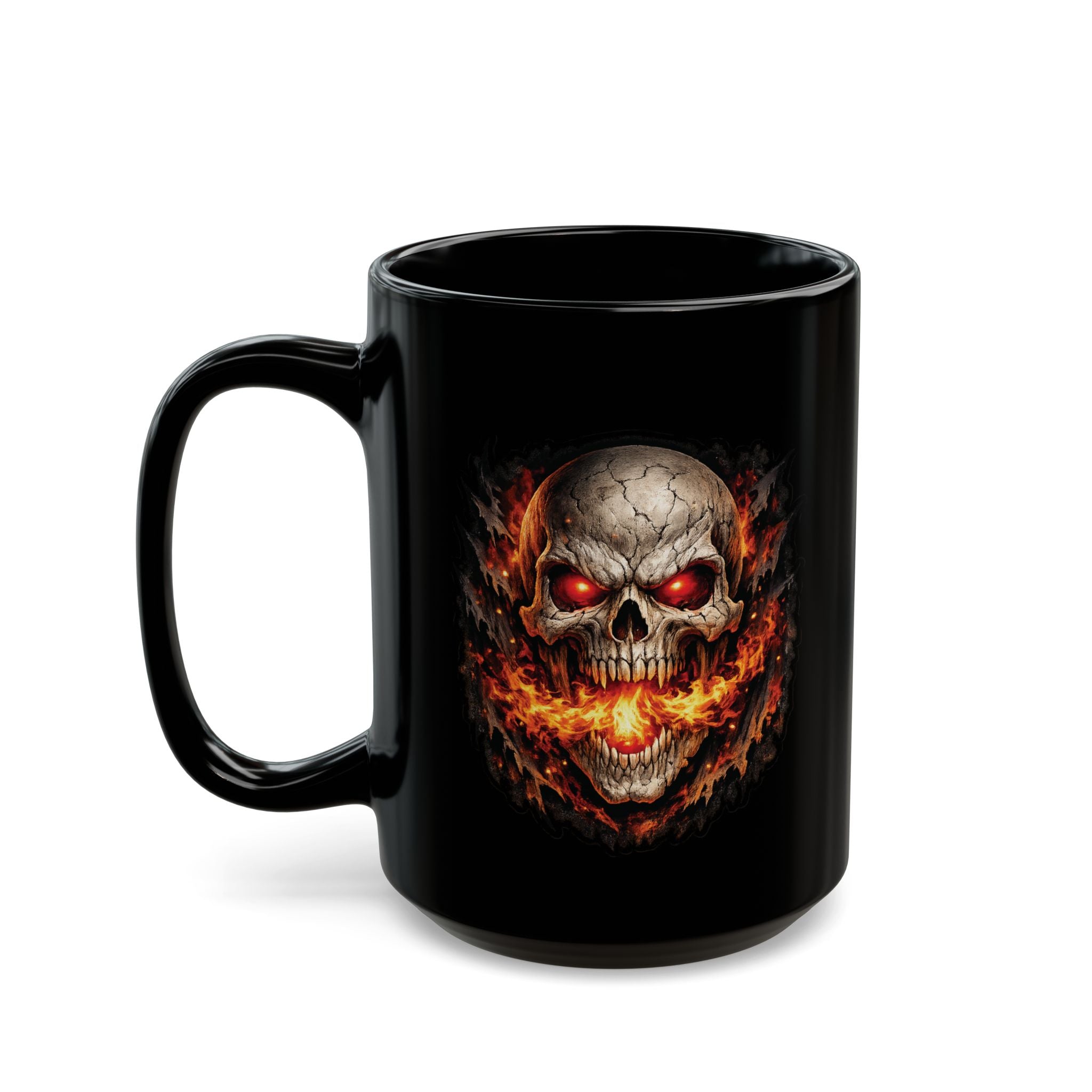 Flaming Skull Coffee Mug – Gothic Skull with Fiery Eyes (11oz & 15oz)