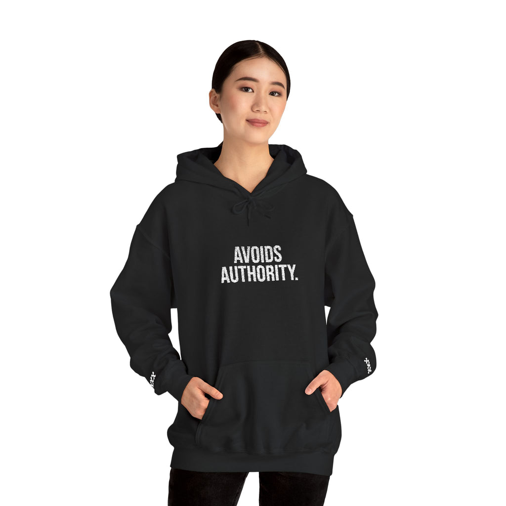 Avoids Authority Hoodie — Rebellious Embroidered Pullover