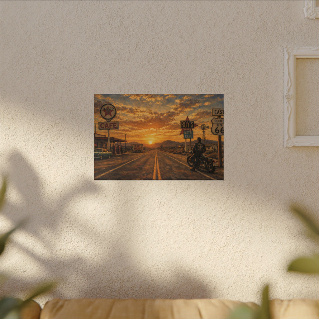 Route 66 Sunset Motorcycle Canvas Wall Art — Vintage Roadside Cafe Print