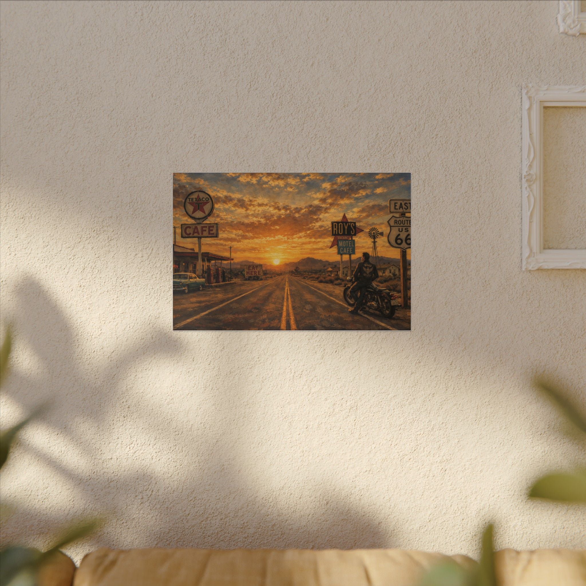 Route 66 Sunset Motorcycle Canvas Wall Art — Vintage Roadside Cafe Print