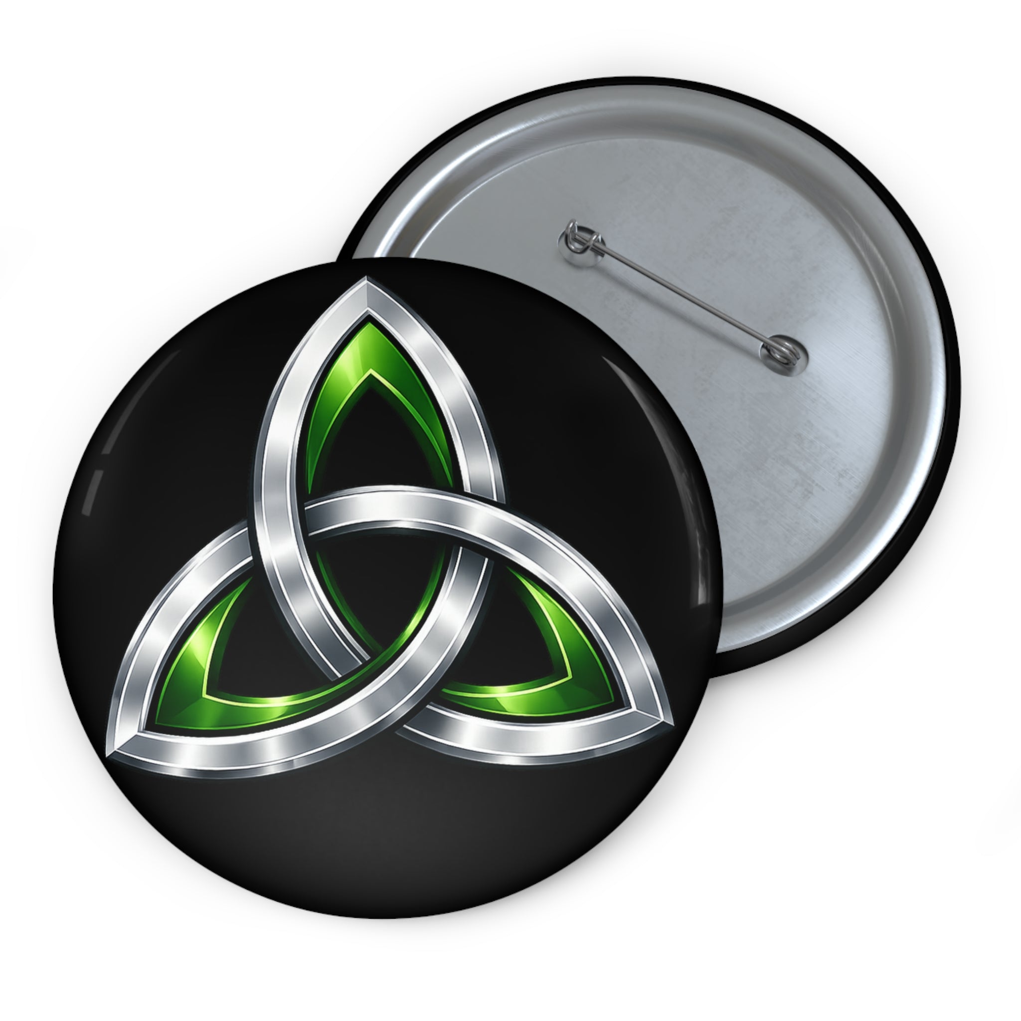 Celtic Trinity Pin Button — Silver & Green Triquetra Enamel Badge