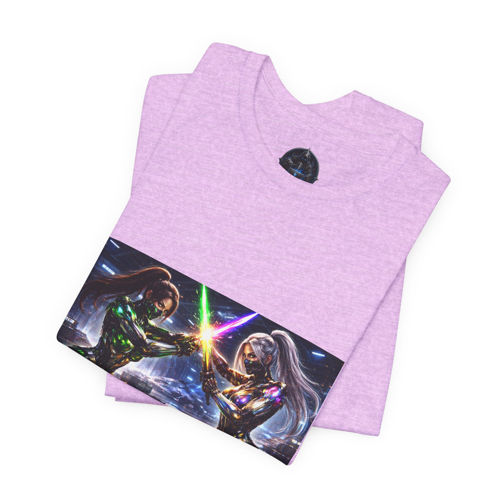 Sci‑Fi Duel Graphic Tee — Neon Cyber Warriors Chest Print