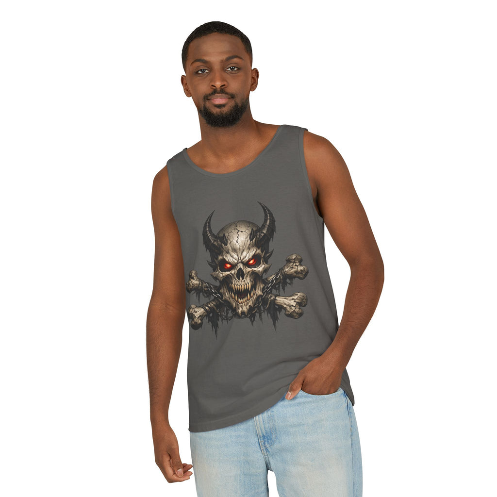 Demon Skull Tank Top — Red-Eyed Skull & Crossbones Graphic