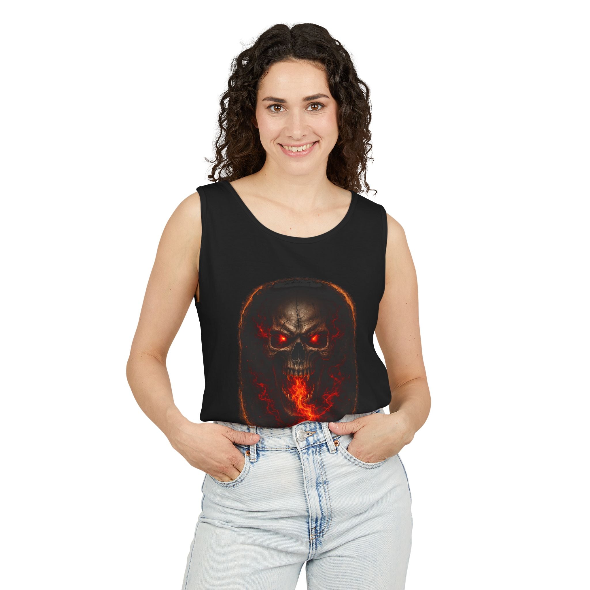 Demon Skull Flame Tank Top — Horror Graphic Summer Tee