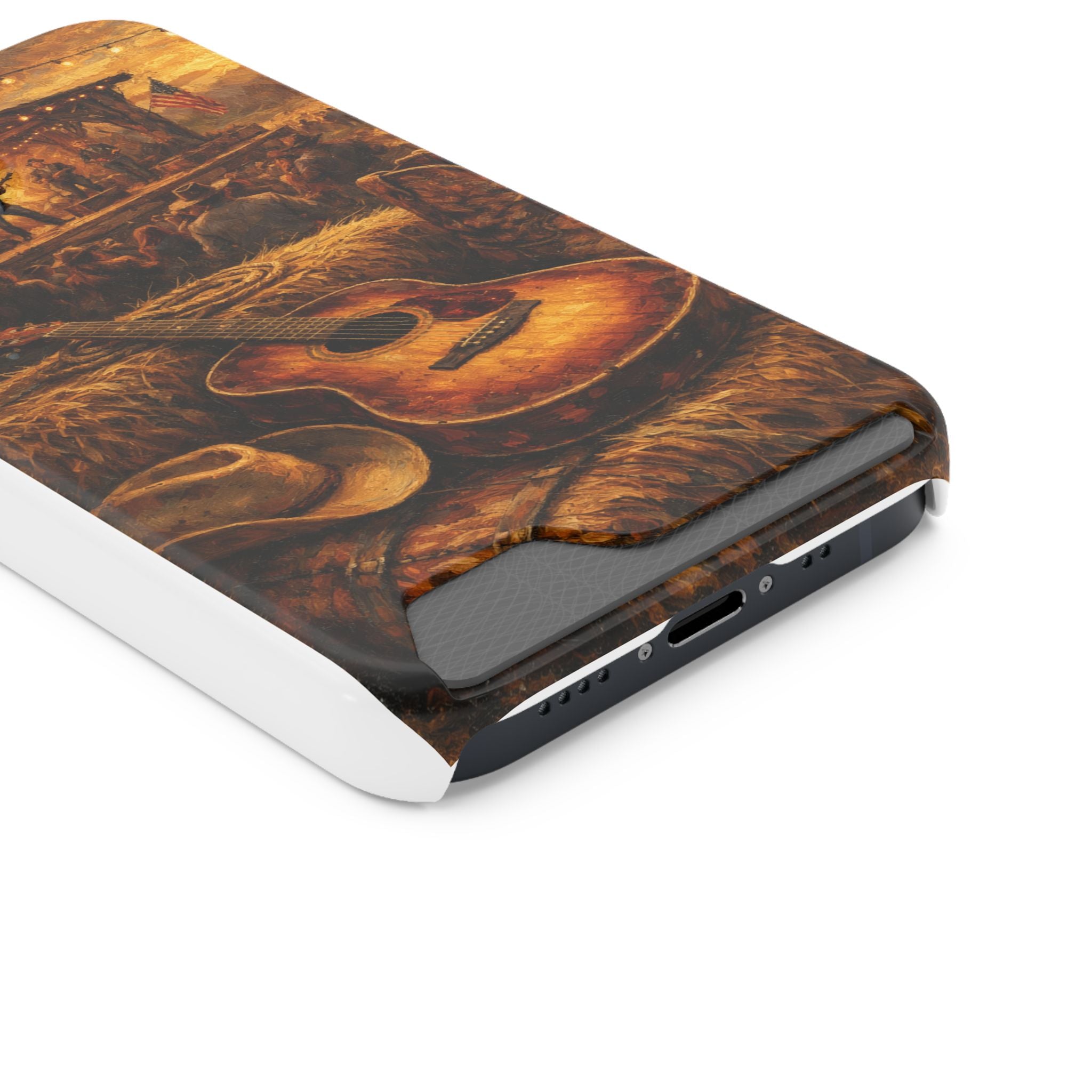 Country Music Guitar Phone Case with Card Holder — Rustic Concert Scene