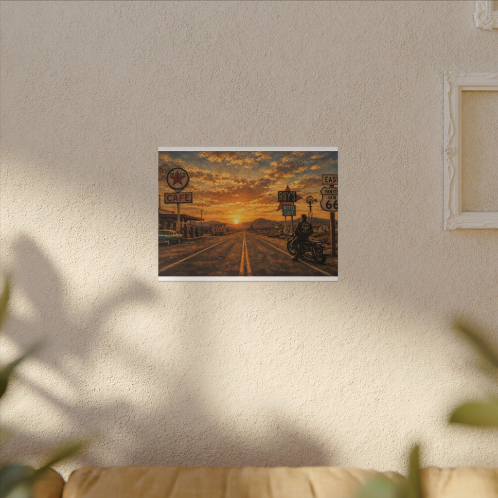 Route 66 Sunset Motorcycle Canvas Wall Art — Vintage Roadside Cafe Print