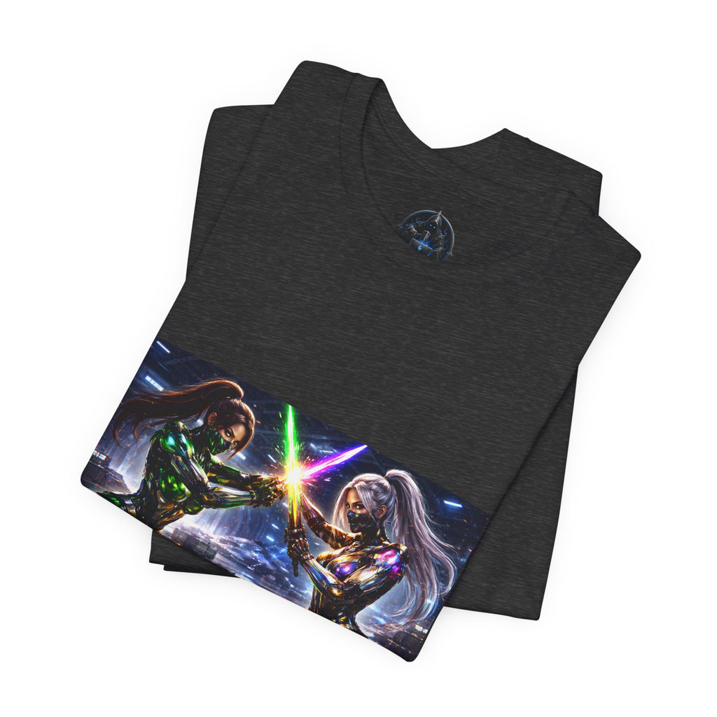 Sci‑Fi Duel Graphic Tee — Neon Cyber Warriors Chest Print