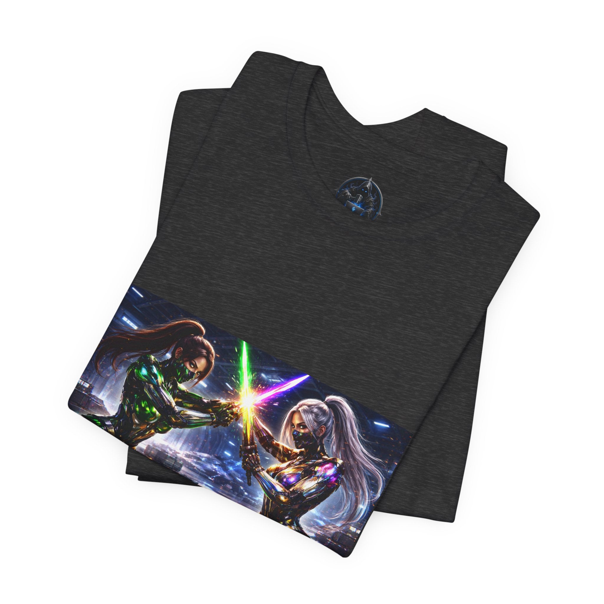 Sci‑Fi Duel Graphic Tee — Neon Cyber Warriors Chest Print