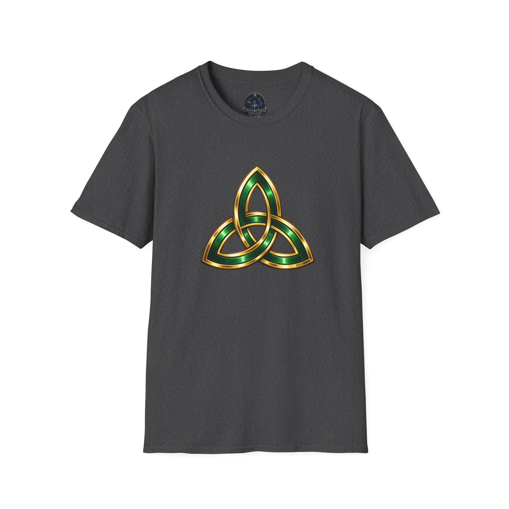 Celtic Trinity Knot T-Shirt — Gold & Emerald Irish Triquetra Design