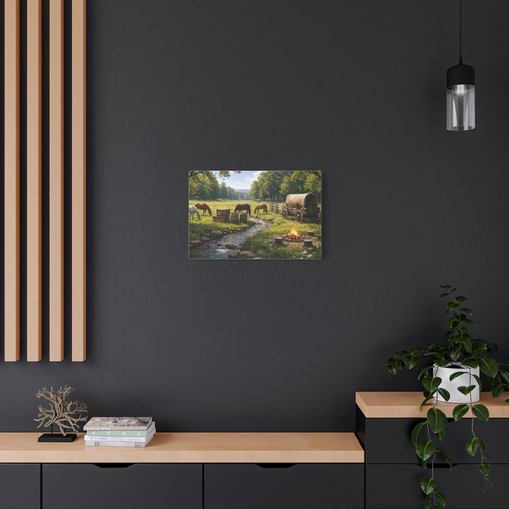 Country Trail Canvas Print – Rustic Wagon & Horses Matte Stretched Wall Art