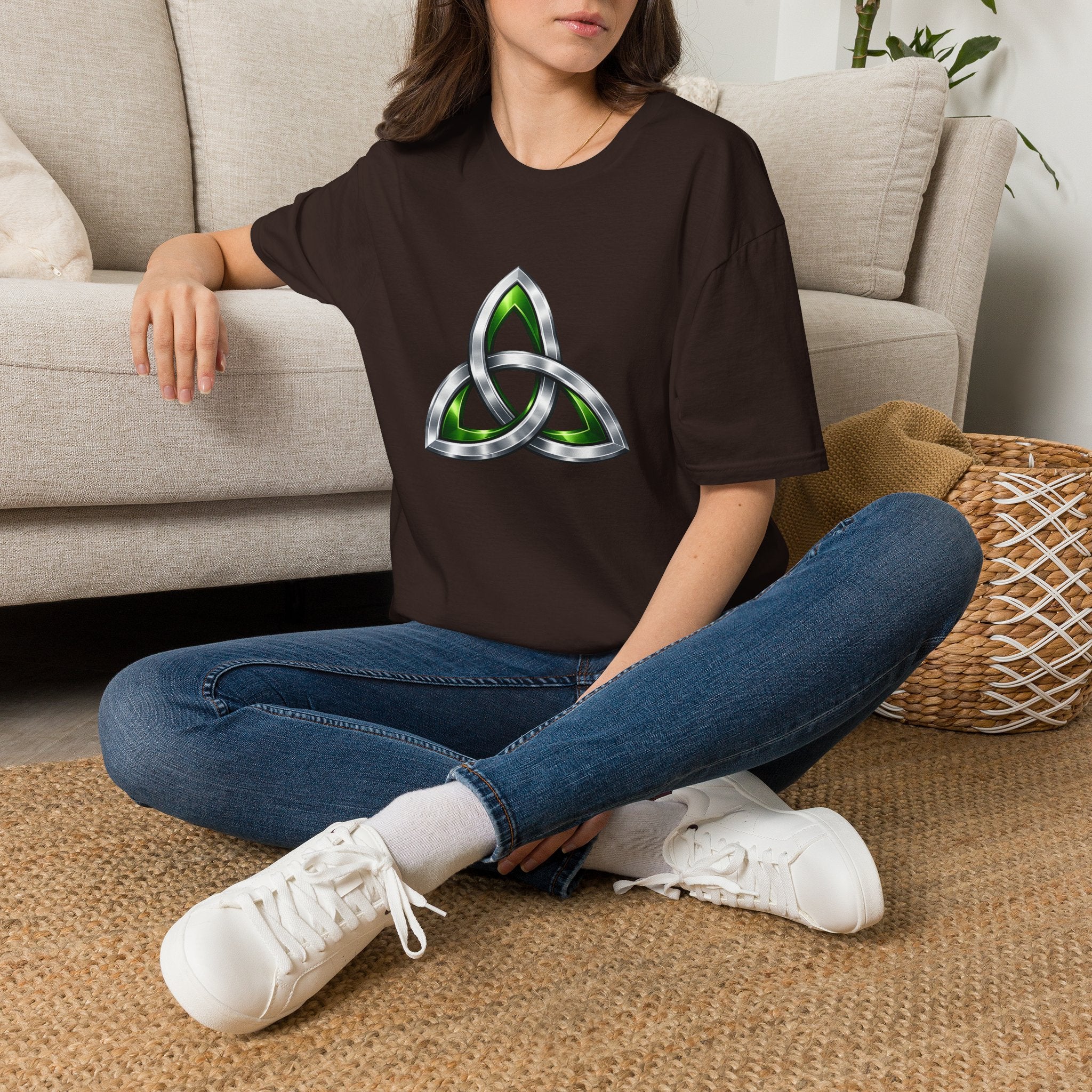 Celtic Trinity Knot T-Shirt — Metallic Green Triquetra Design