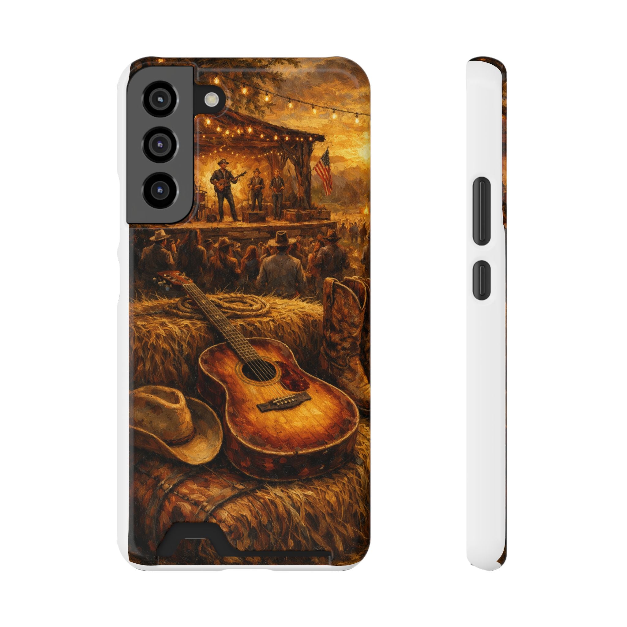 Country Music Guitar Phone Case with Card Holder — Rustic Concert Scene