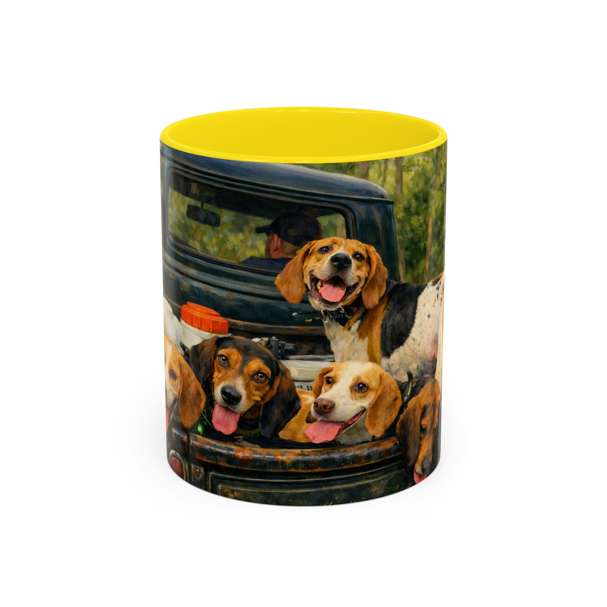 Suzu's Beagle Pack Coffee Mug — Dogs in Truck Accent Ceramic Mug (11/15oz)