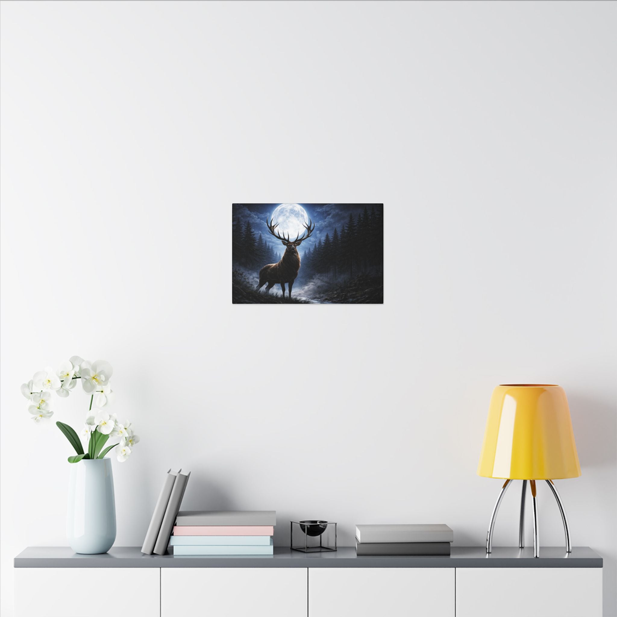Moonlit Stag Canvas Wall Art — Majestic Deer in Forest Night Scene