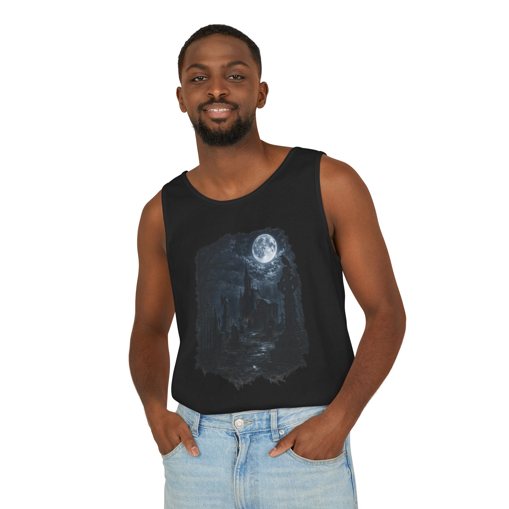 Moonlit Gothic Graveyard Tank Top — Dark Nightscape Graphic Tank