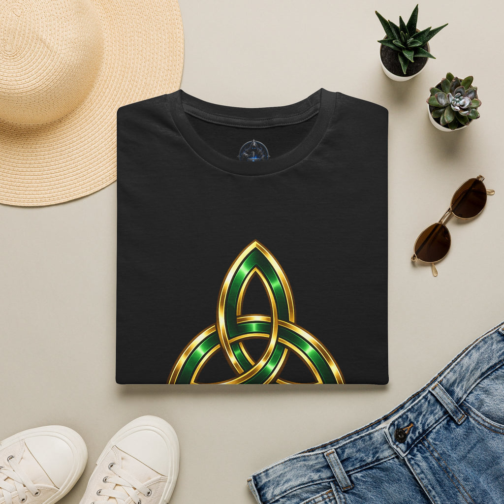 Celtic Trinity Knot T-Shirt — Gold & Emerald Irish Triquetra Design