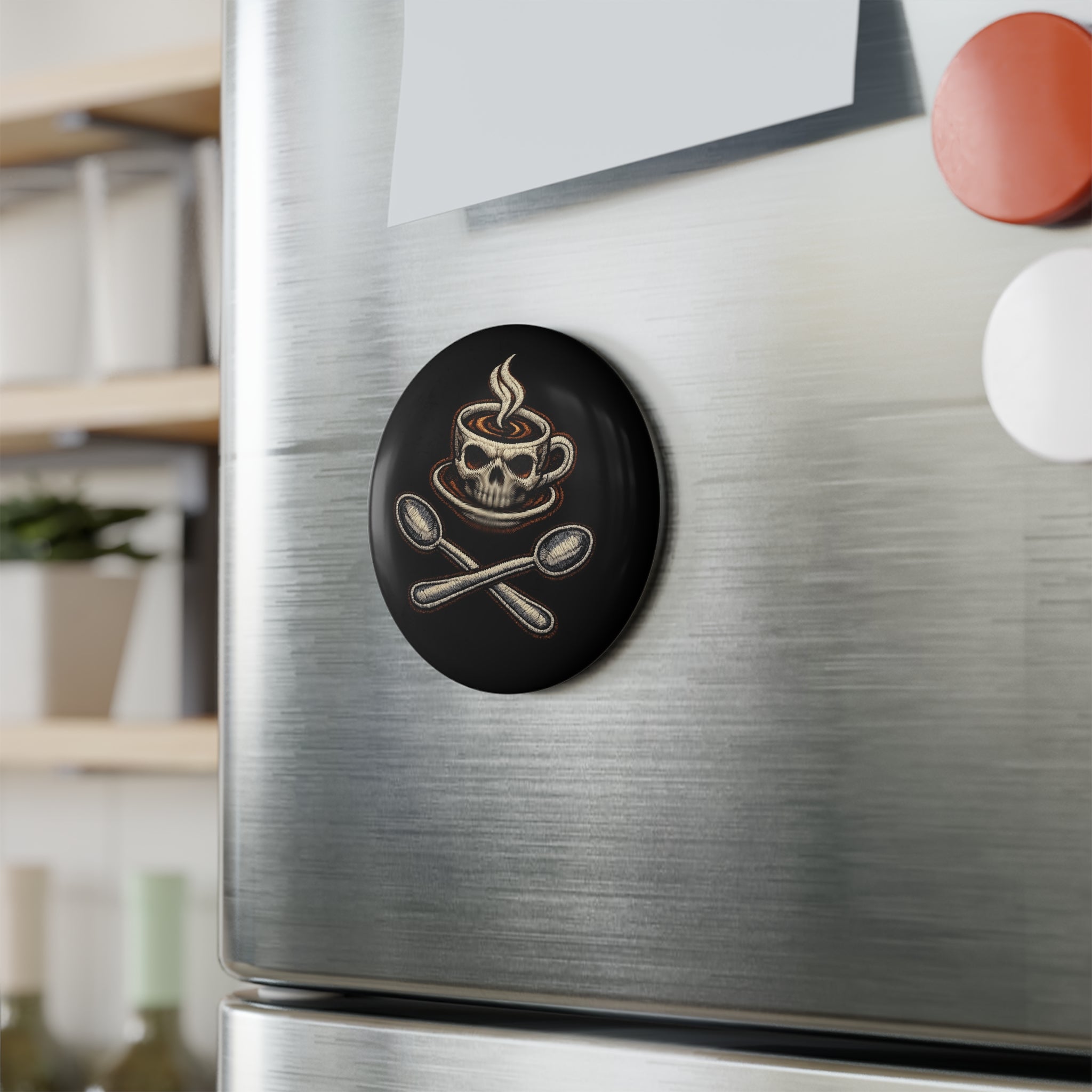 Skull Coffee Button Magnet — Dark Café Skull & Crossed Spoons Round Magnet
