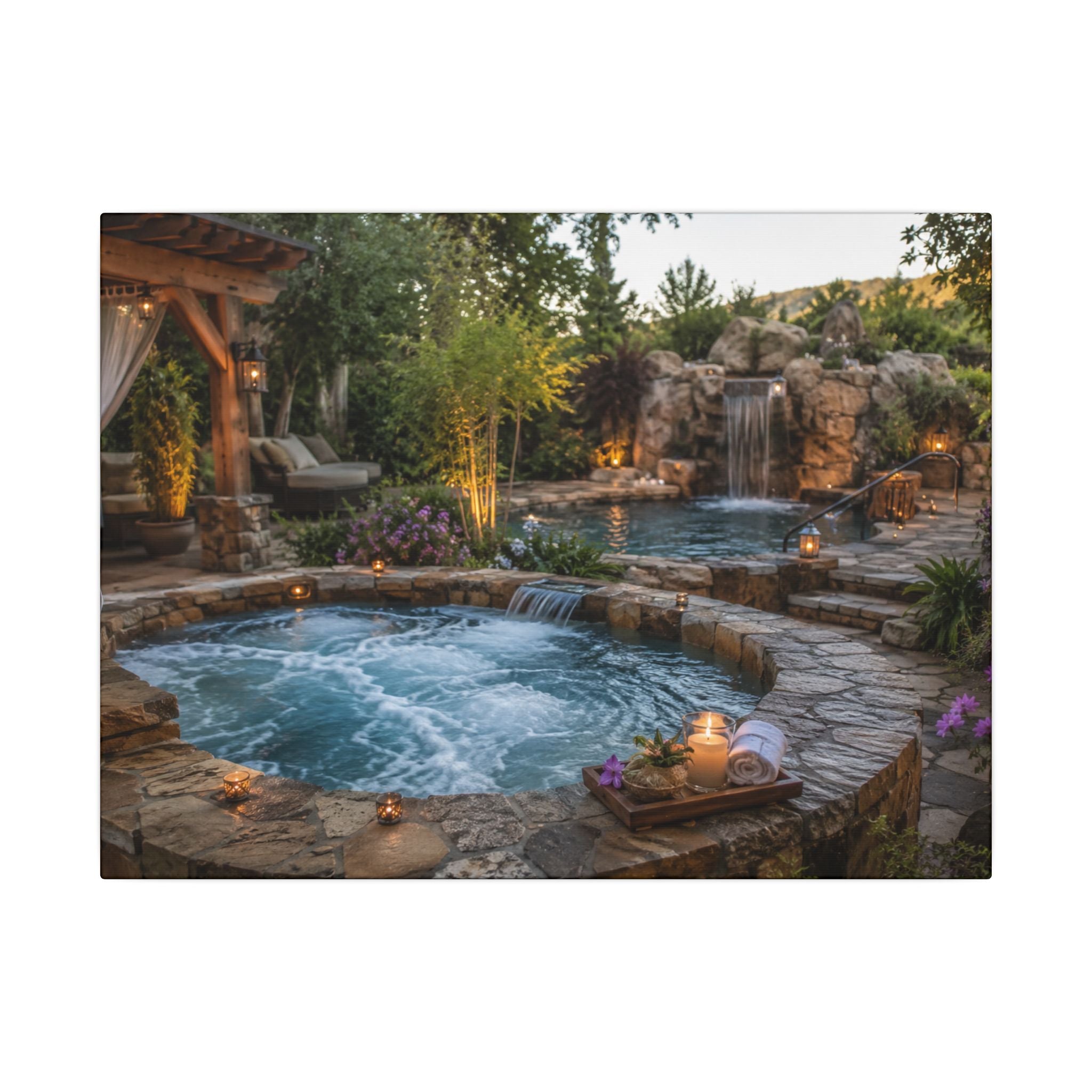 Relaxing Backyard Spa Canvas Wall Art – Tranquil Pool & Waterfall Scene
