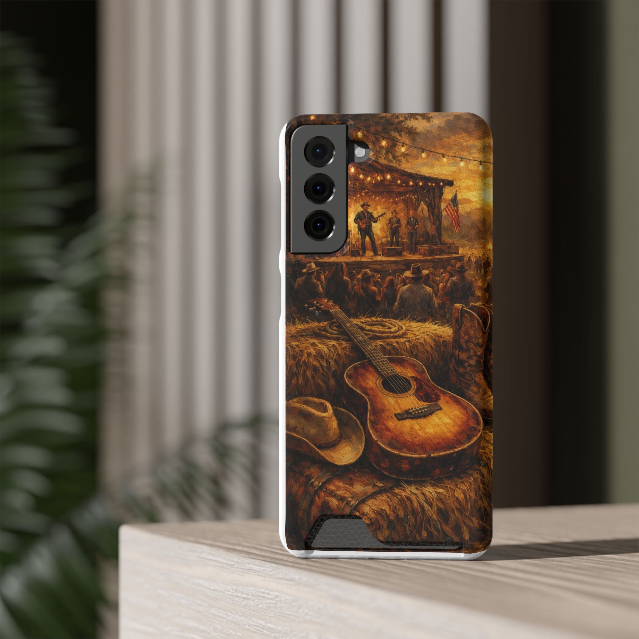 Country Music Guitar Phone Case with Card Holder — Rustic Concert Scene