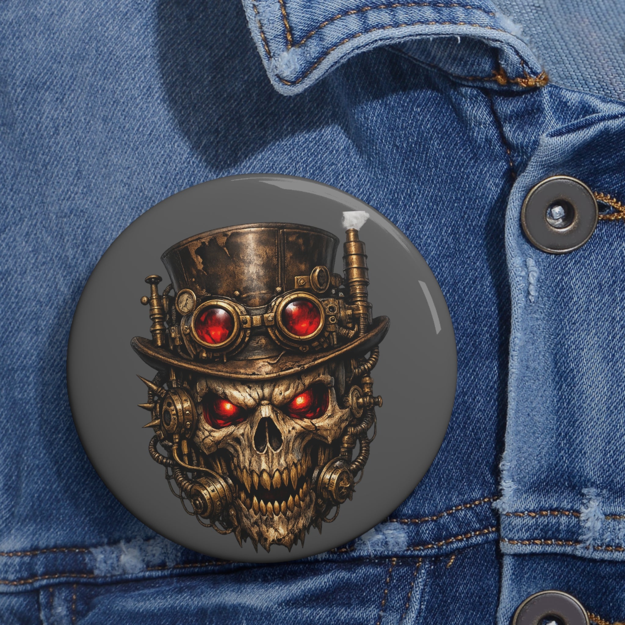 Steampunk Skull Pin Button — Red-Gem Goggles Goth Badge