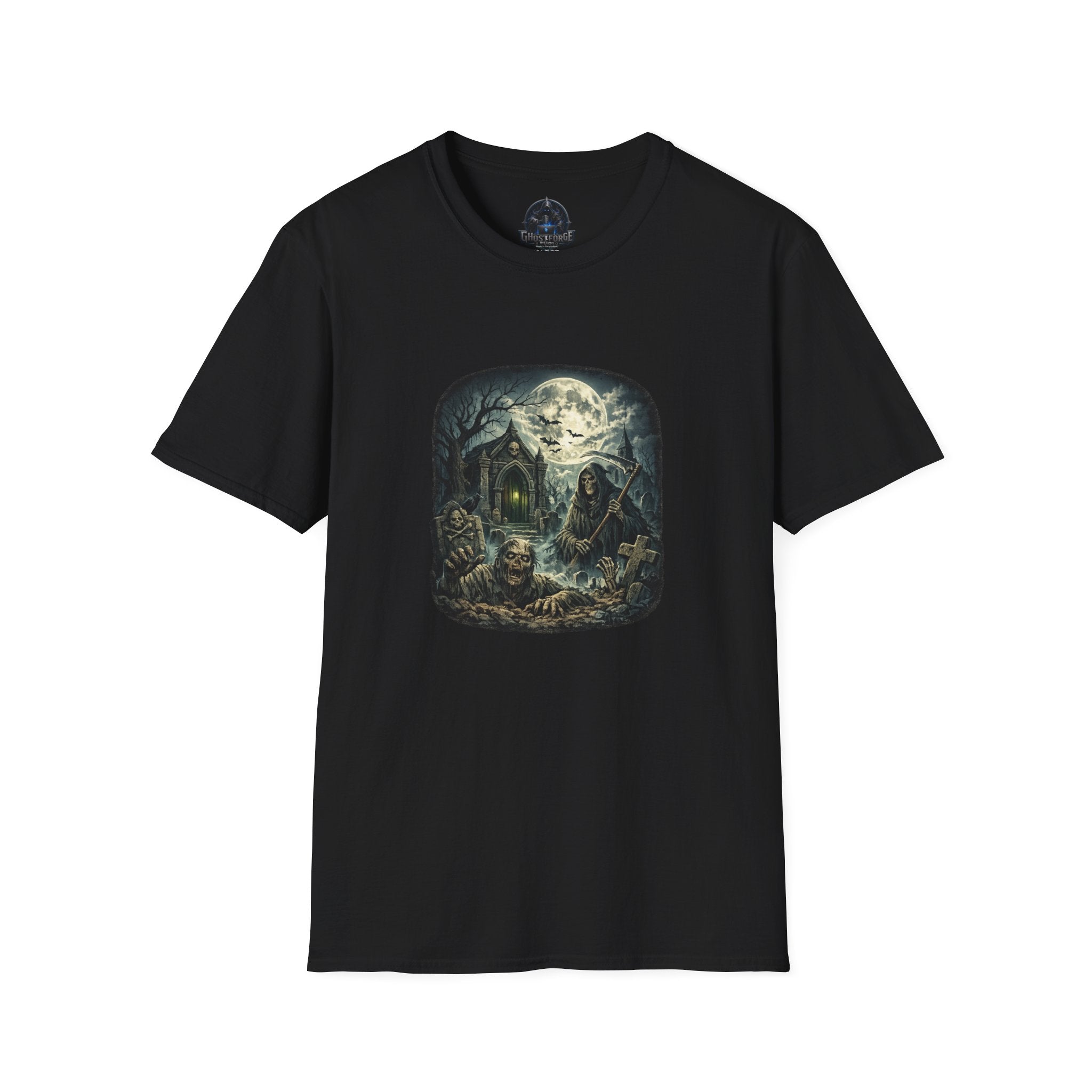 Haunted Graveyard T-Shirt — Moonlit Reaper & Haunted Crypt Graphic Tee