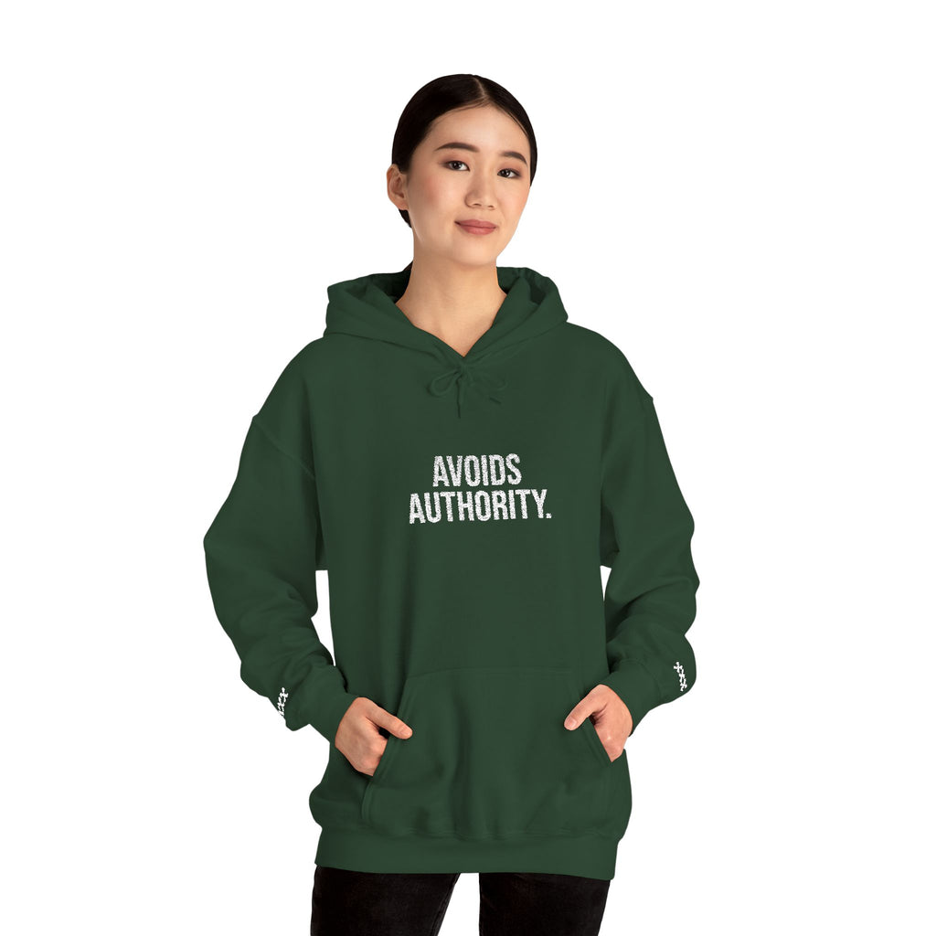 Avoids Authority Hoodie — Rebellious Embroidered Pullover