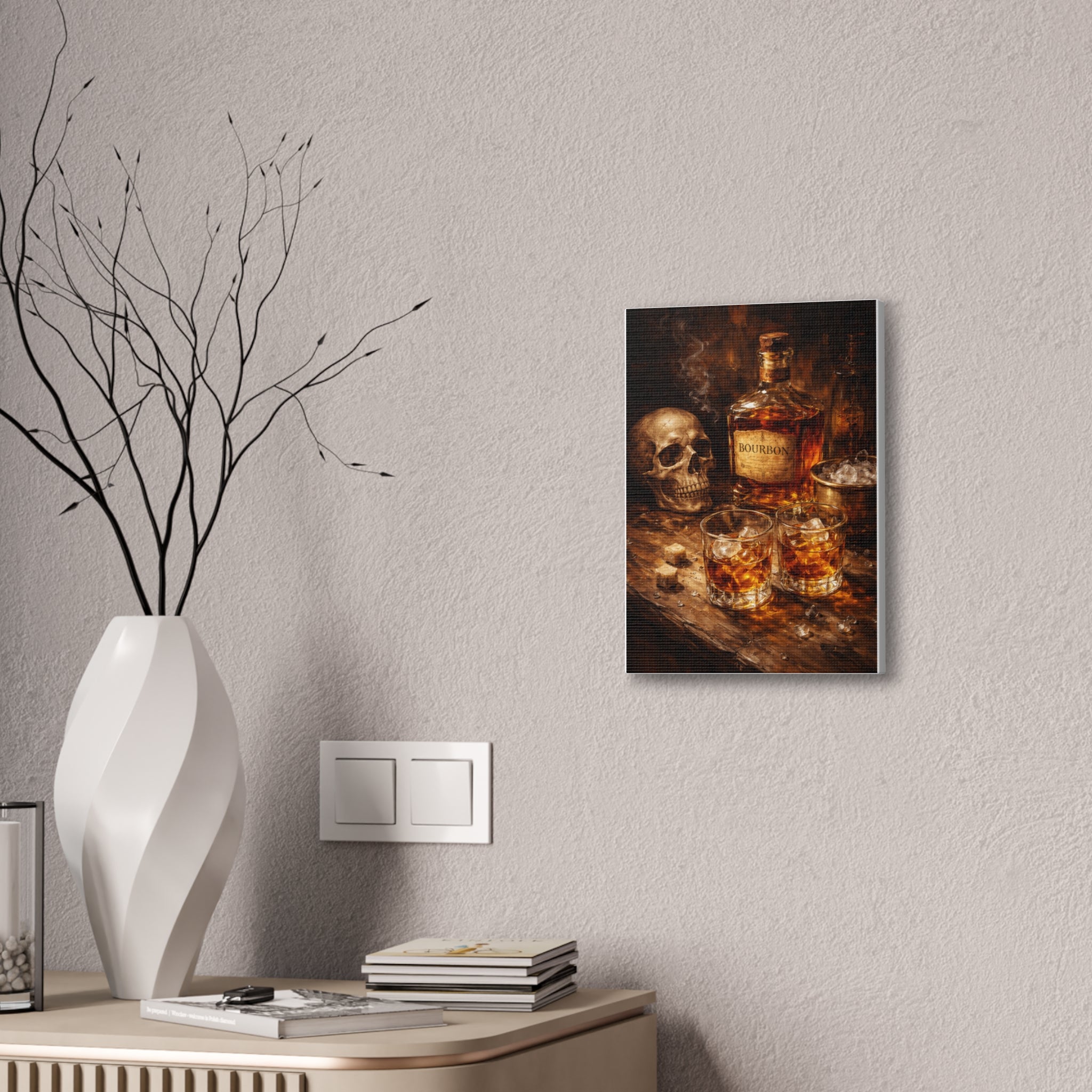 Bourbon Still Life Canvas Print — Skull & Whiskey Bar Art