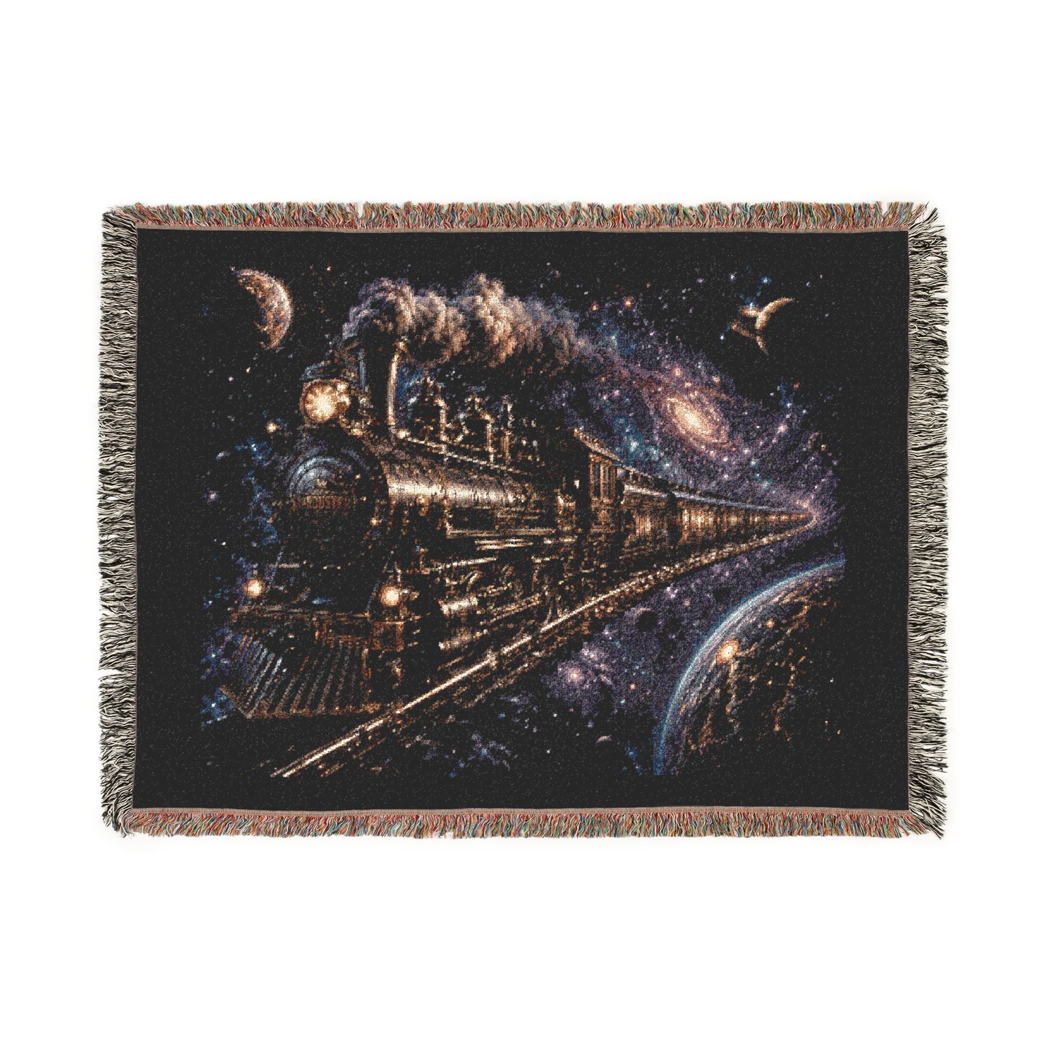 Galaxy Night Train Woven Blanket — Cosmic Steam Engine Throw