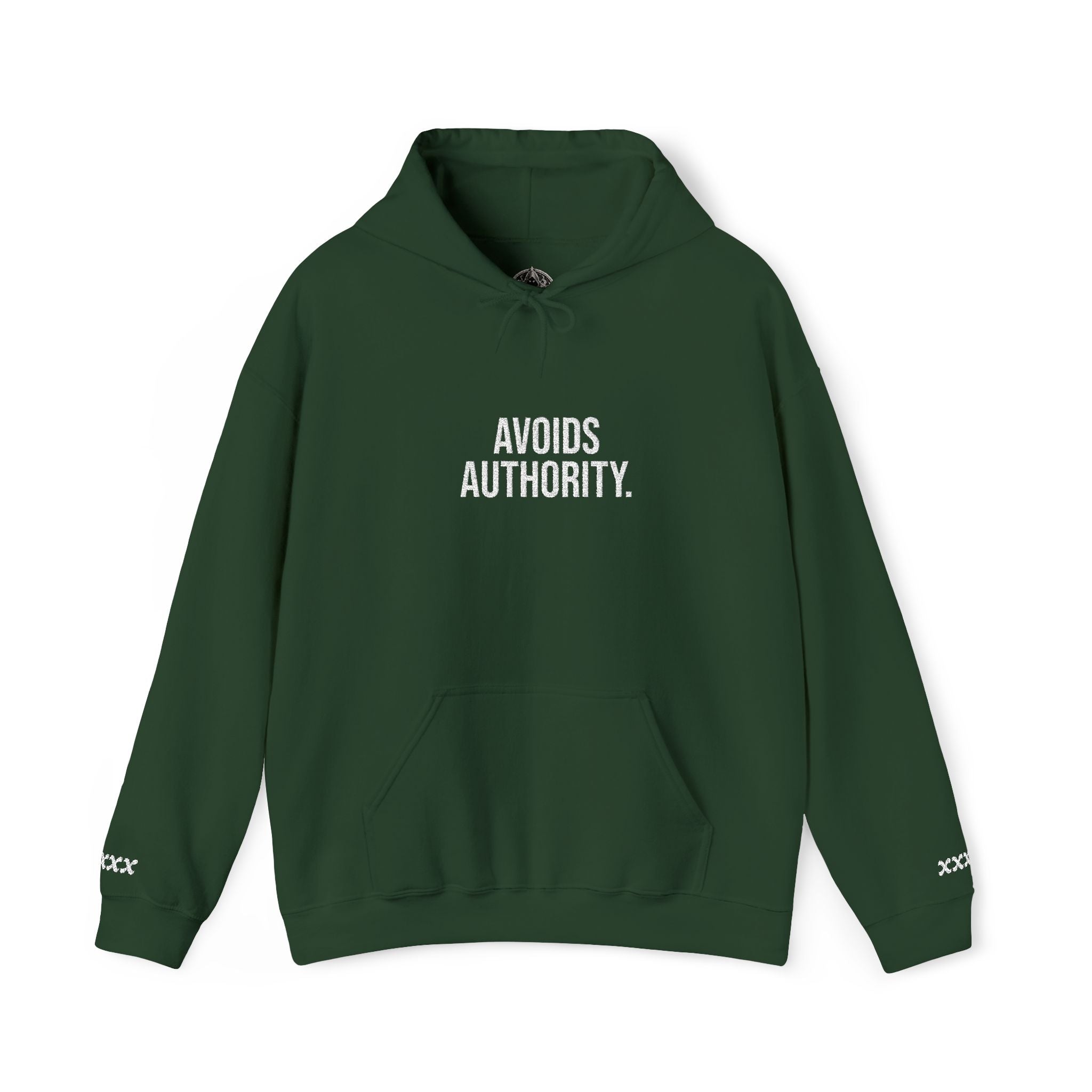 Avoids Authority Hoodie — Rebellious Embroidered Pullover