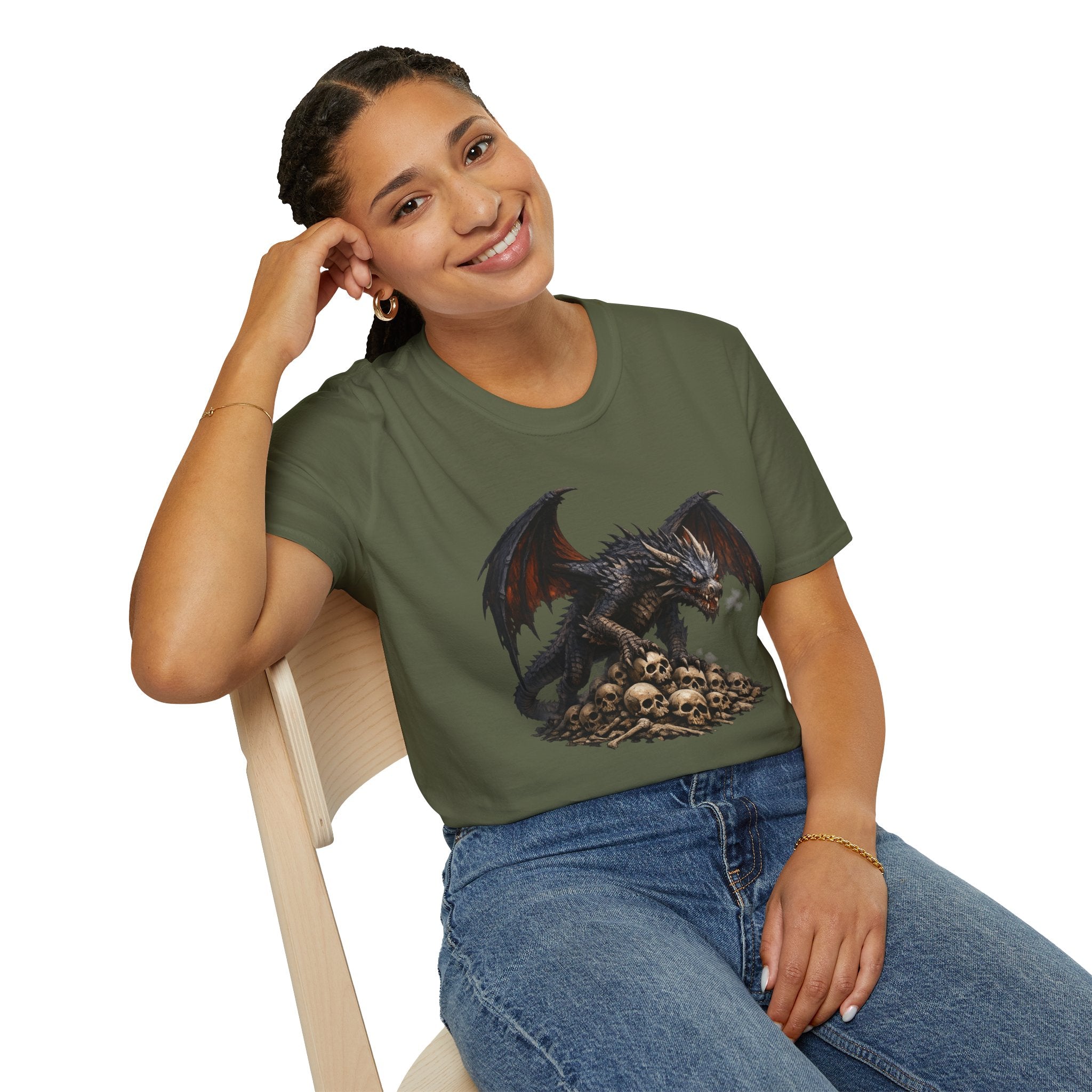 Dragon on Skull Pile Graphic T-Shirt — Dark Fantasy Winged Dragon Design