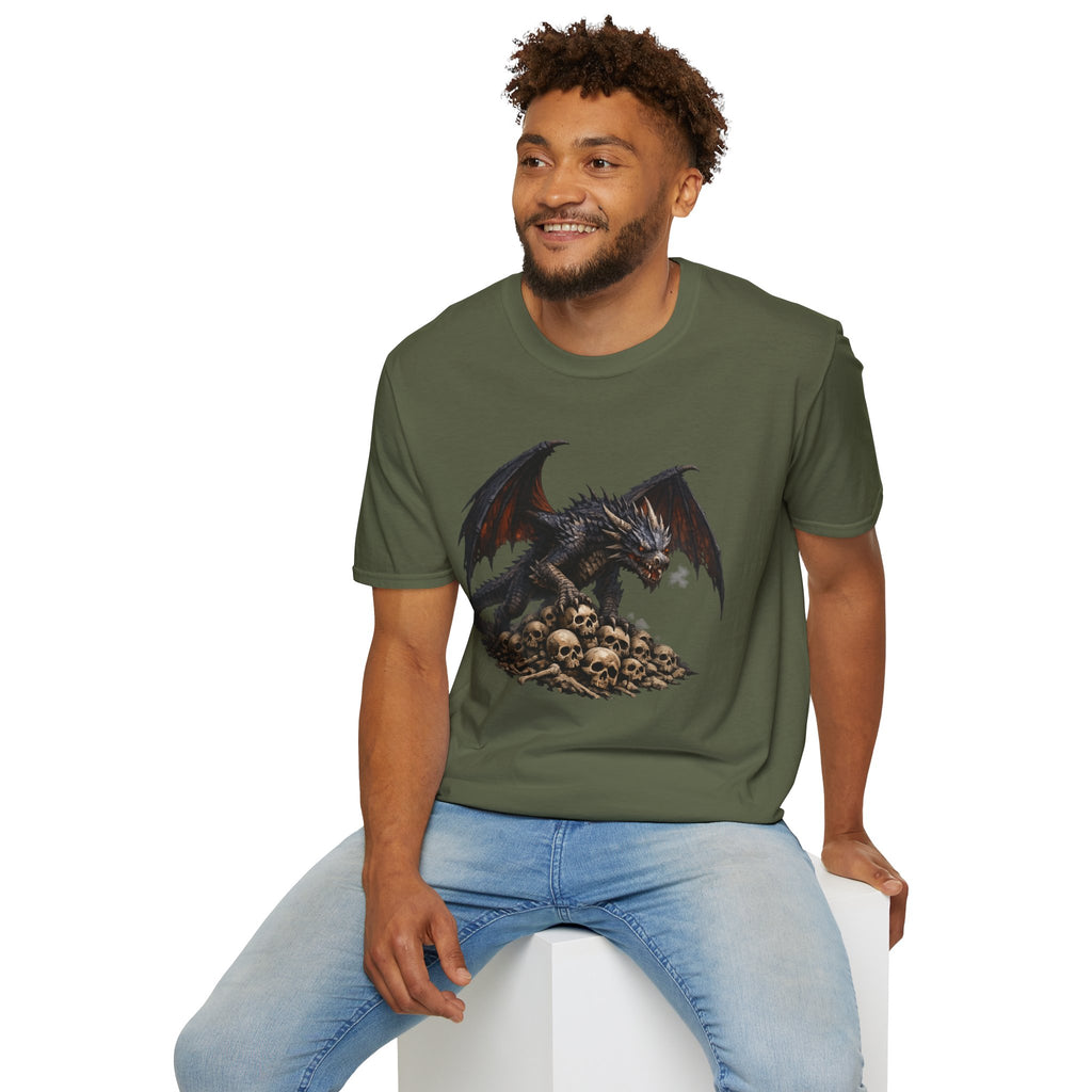 Dragon on Skull Pile Graphic T-Shirt — Dark Fantasy Winged Dragon Design