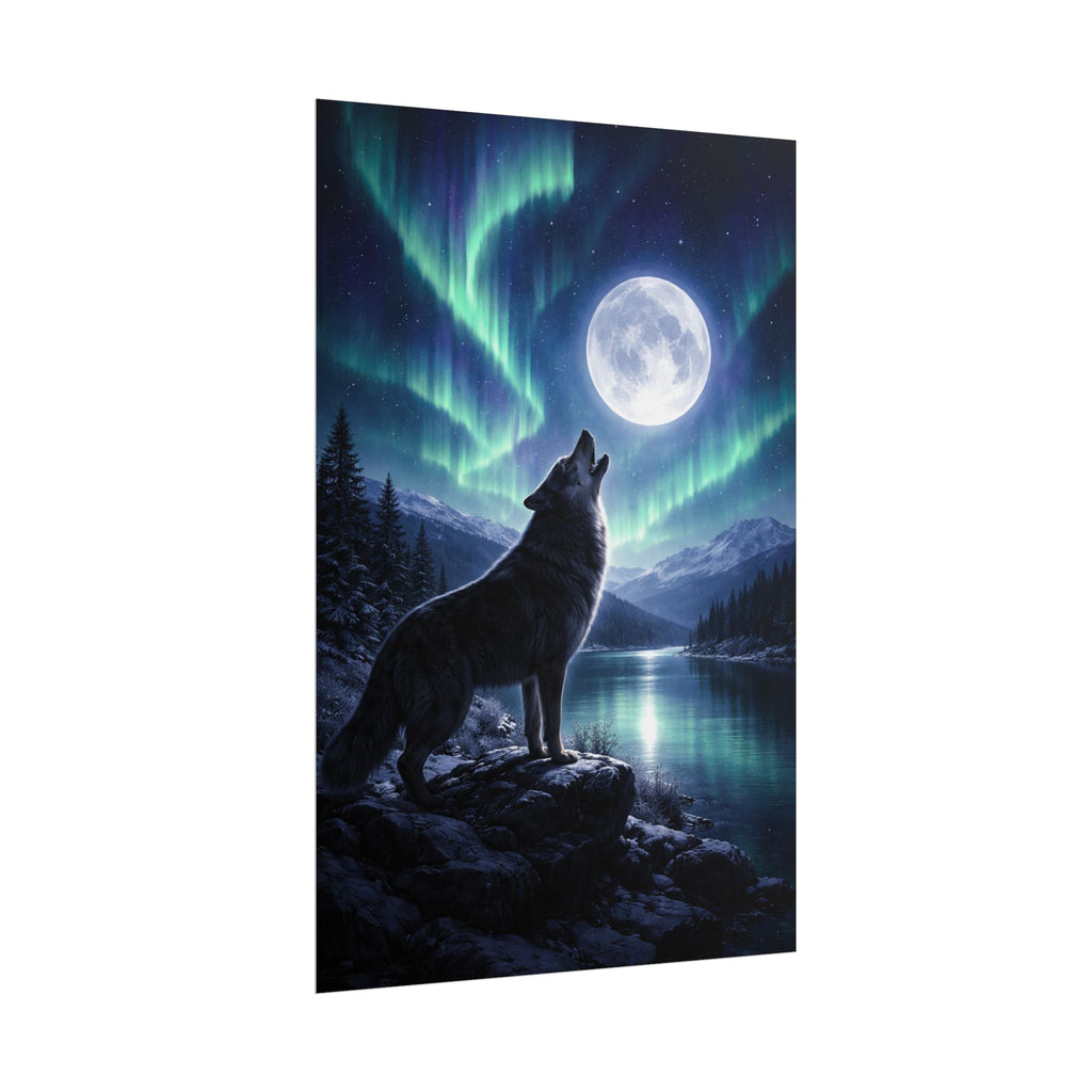 Wolf Howl Moon Poster – Northern Lights Landscape Wall Art