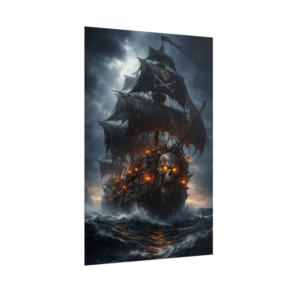 Haunted Pirate Ship Rolled Poster — Dark Skull Ghost Ship Wall Art