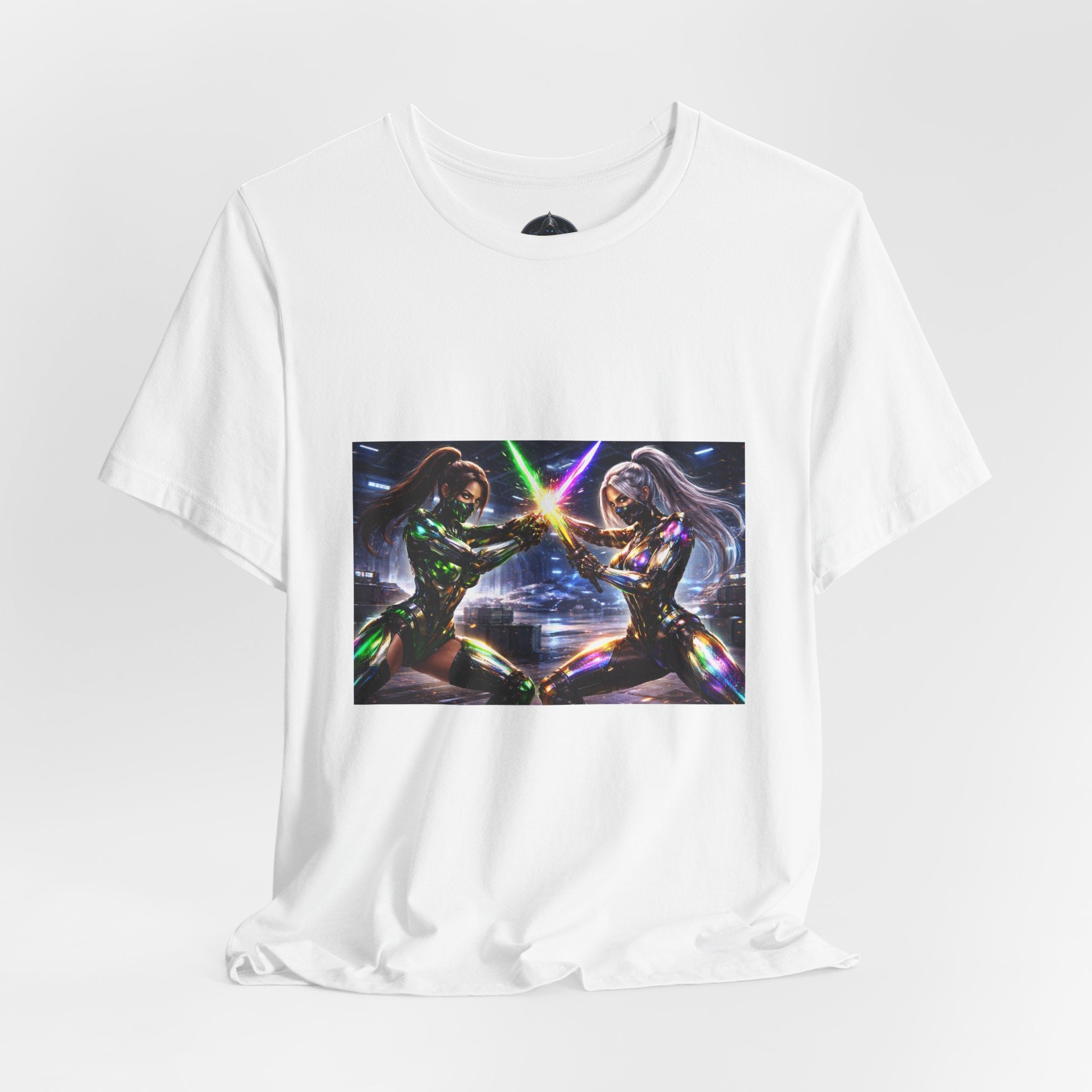 Sci‑Fi Duel Graphic Tee — Neon Cyber Warriors Chest Print
