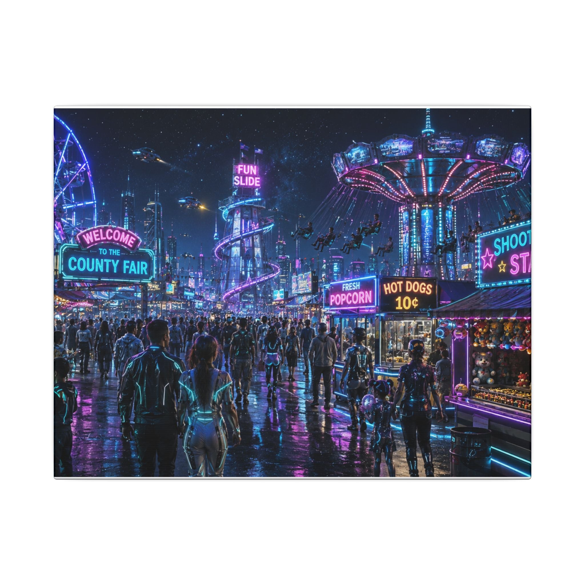 Neon County Fair Canvas Wall Art — Stretched Matte Carnival Nightscape