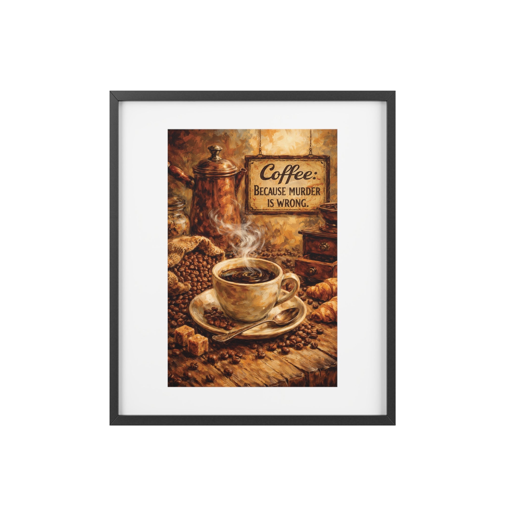 Framed Coffee Poster — "Coffee: Because Murder Is Wrong" Vintage Kitchen Wall Art