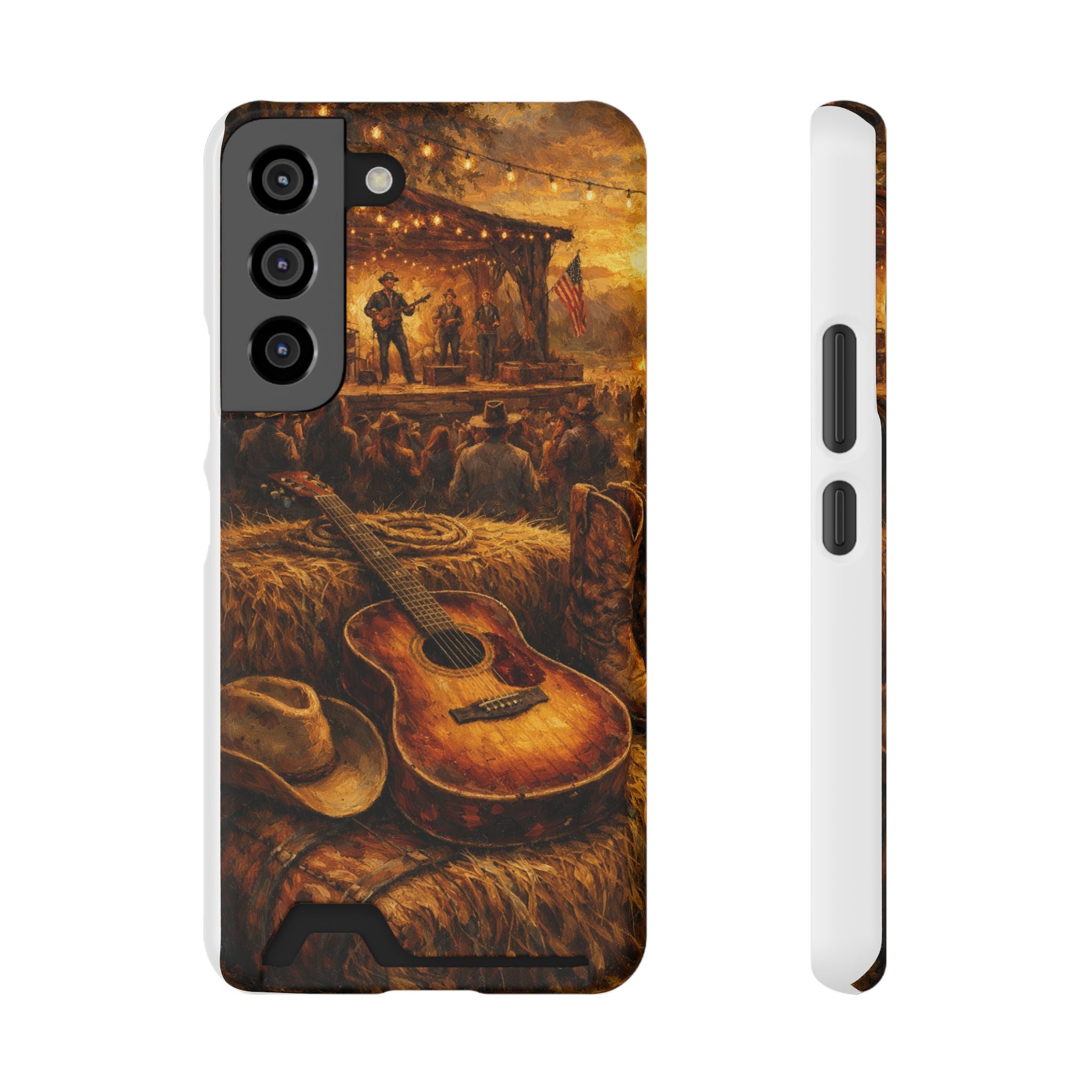 Country Music Guitar Phone Case with Card Holder — Rustic Concert Scene