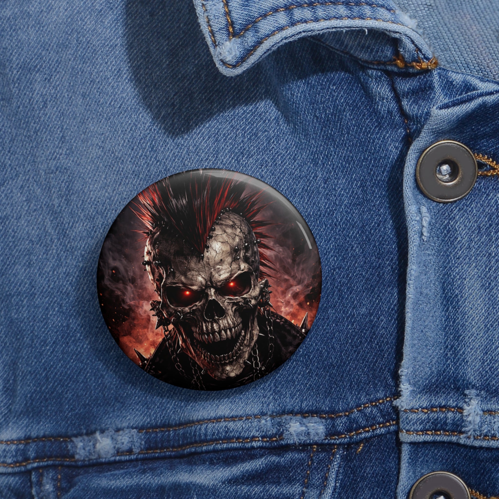 Skull Punk Button Pin — Fiery Red-Eyed Horror Badge