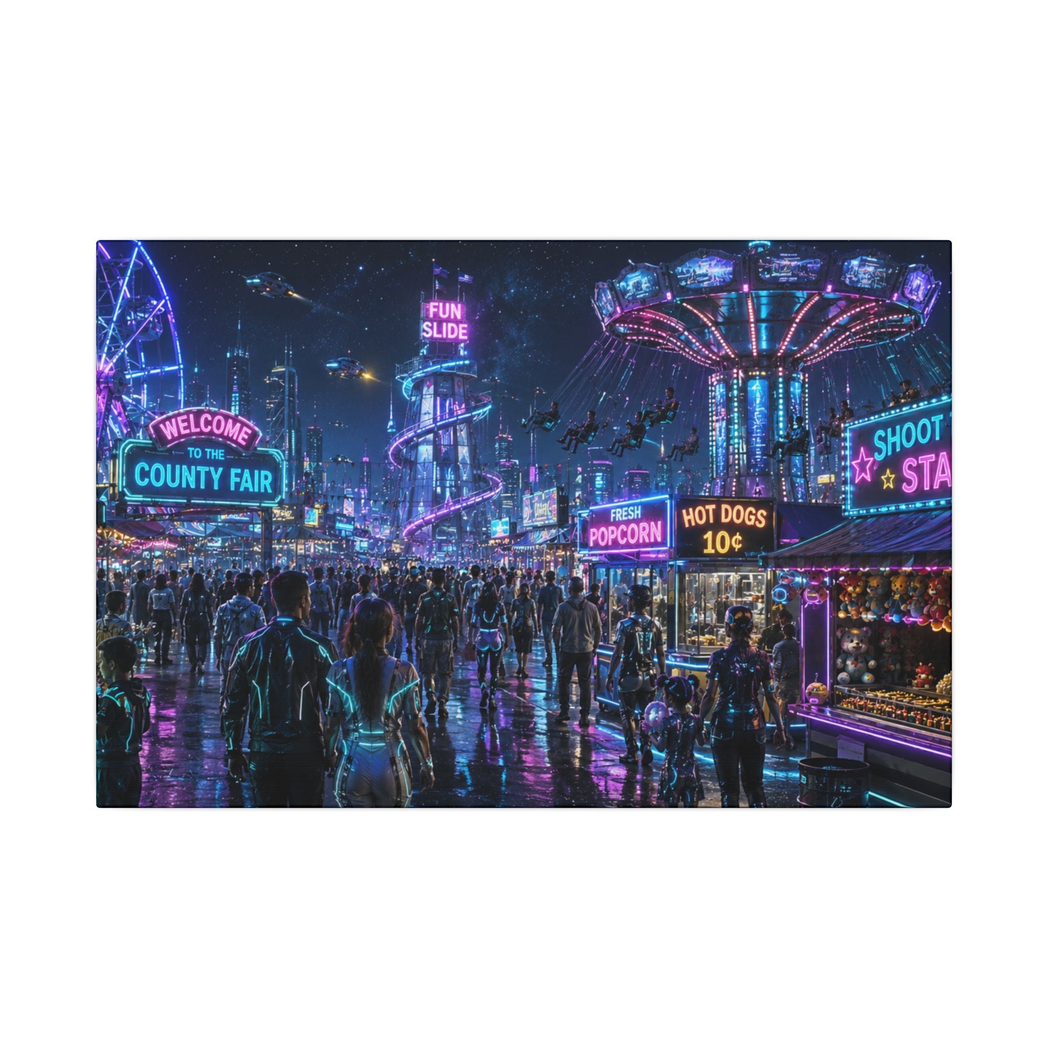 Neon County Fair Canvas Wall Art — Stretched Matte Carnival Nightscape