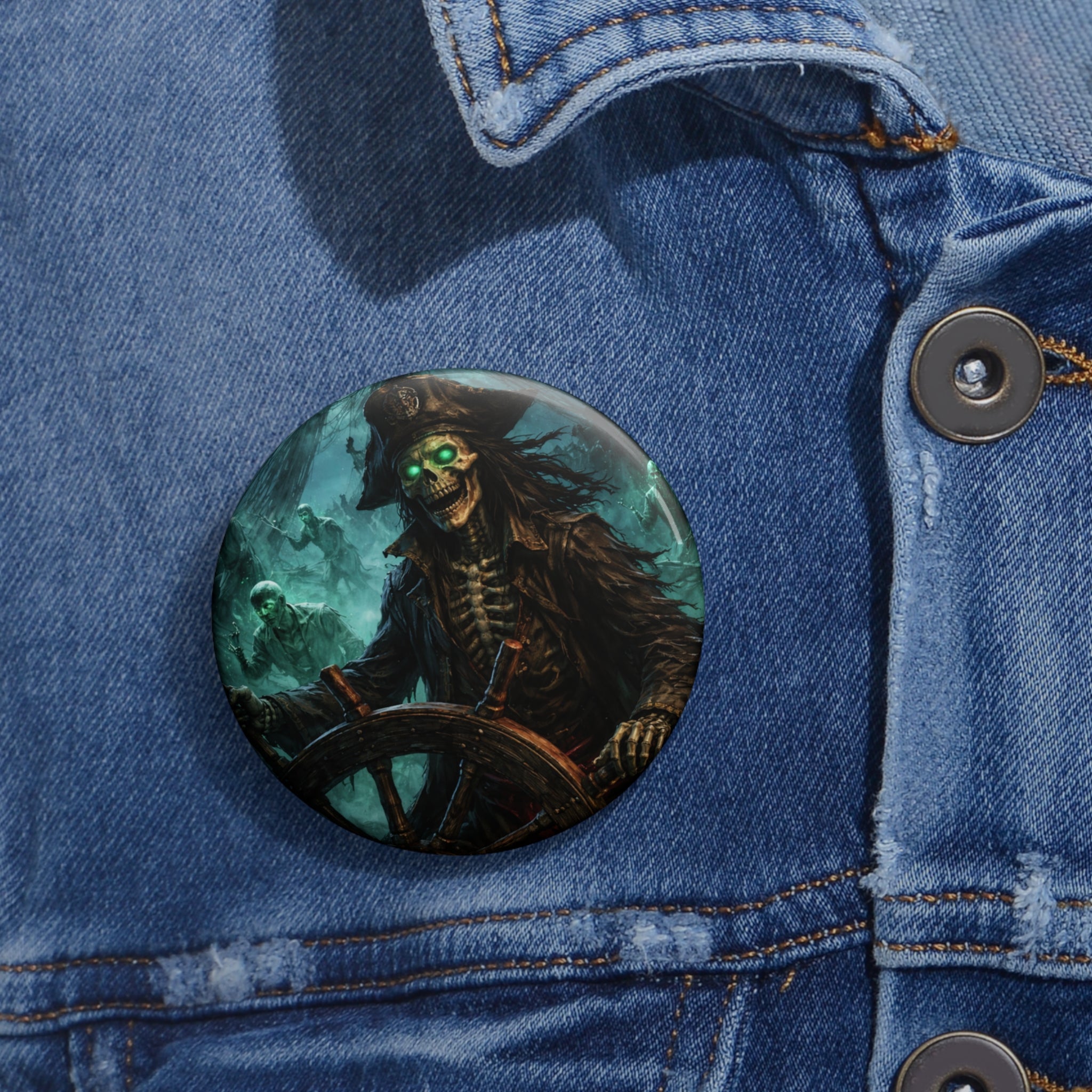 Skull Pirate Button Pin — Haunted Ghost Captain Enamel-Style Badge