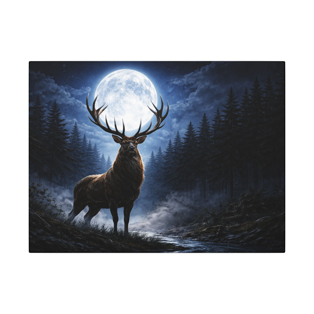 Moonlit Stag Canvas Wall Art — Majestic Deer in Forest Night Scene