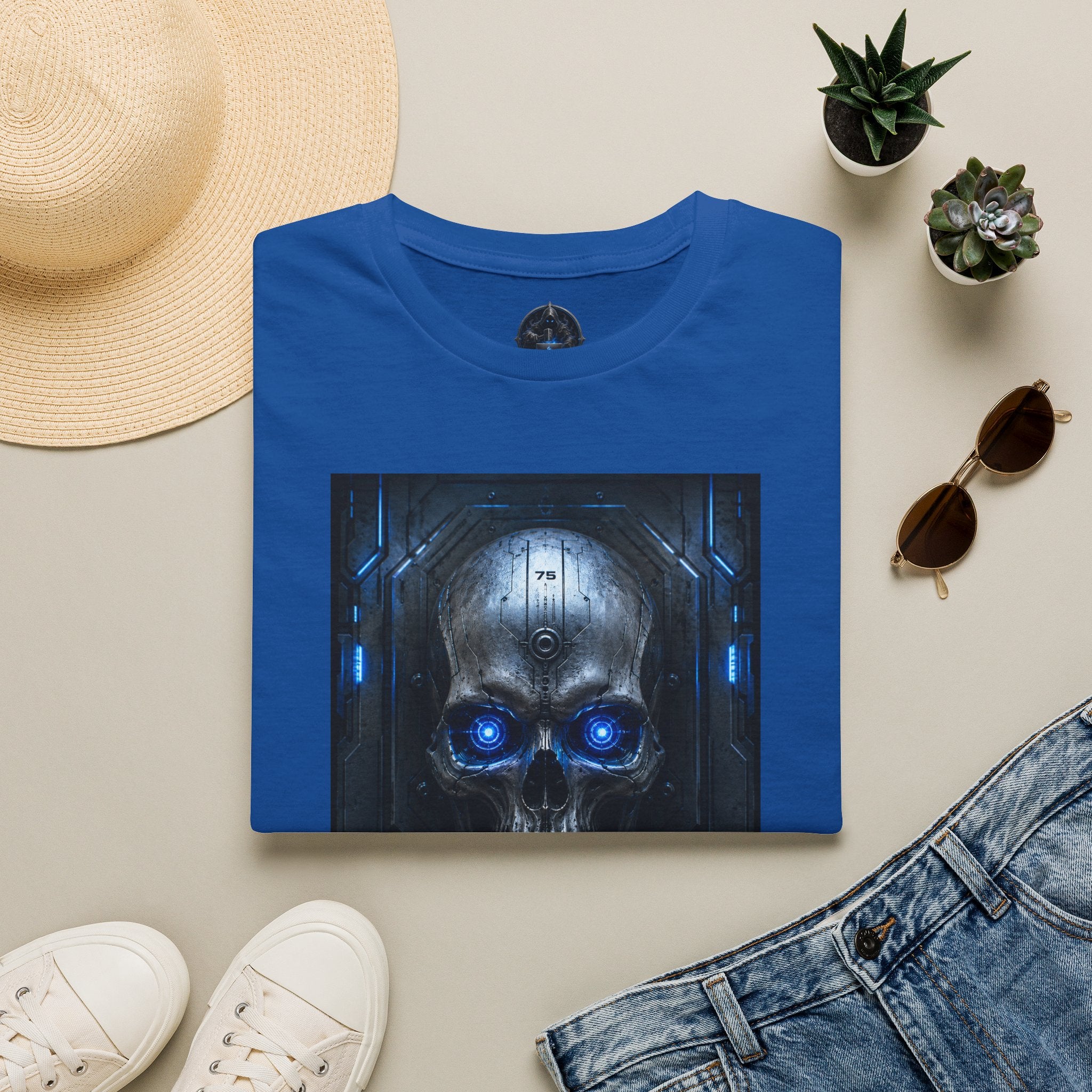 Skull Cyberpunk T-Shirt — Blue Glowing Skull Sci‑Fi Graphic Tee