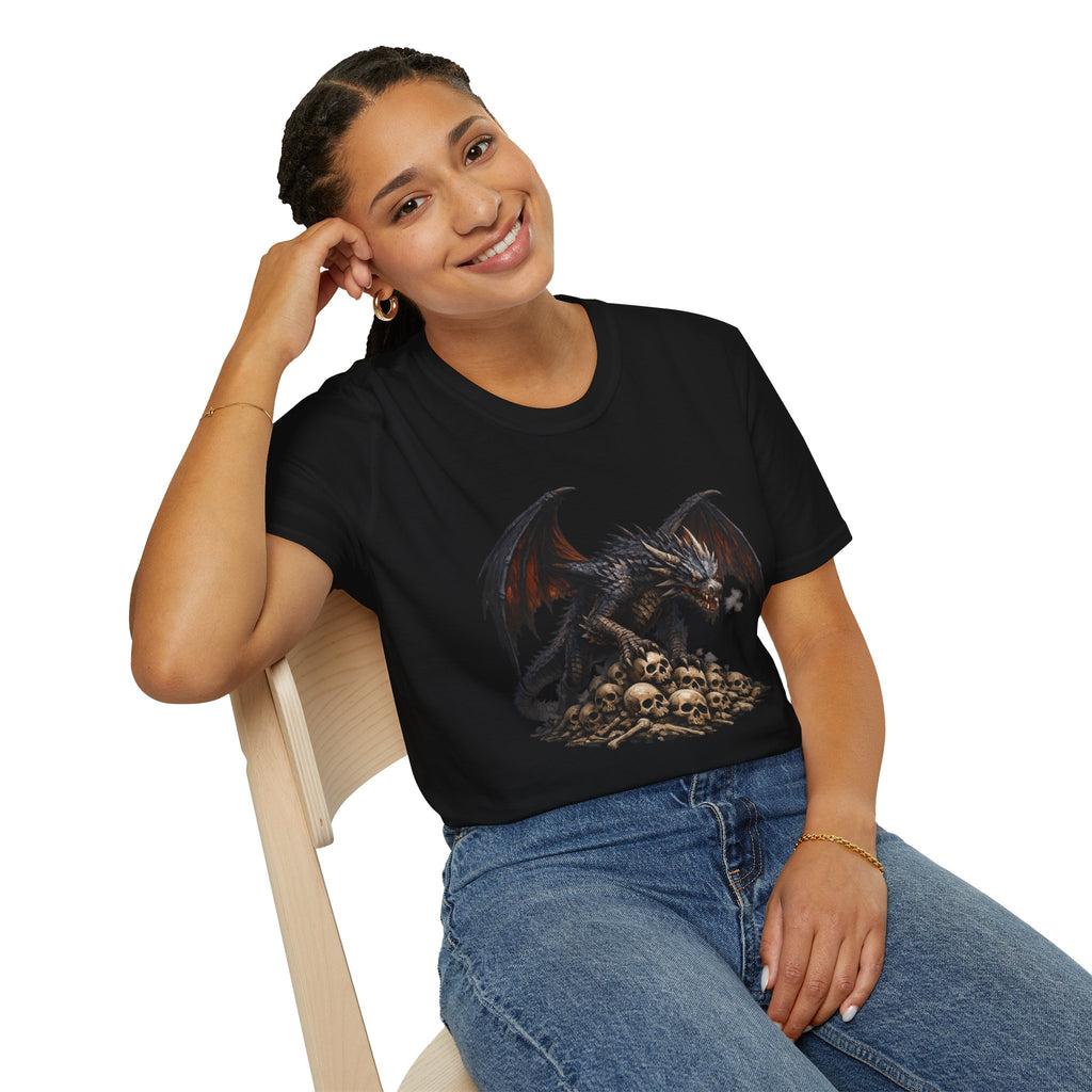 Dragon on Skull Pile Graphic T-Shirt — Dark Fantasy Winged Dragon Design