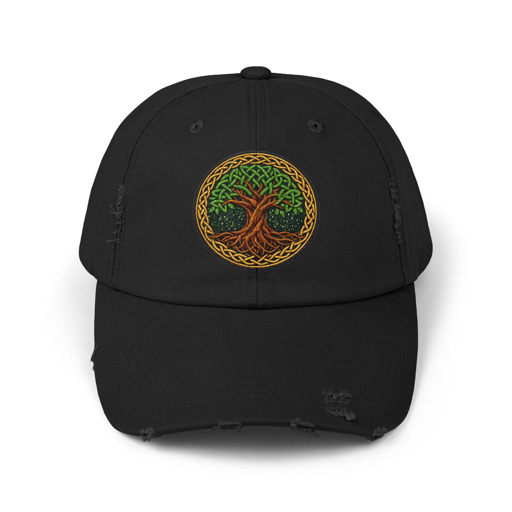 Distressed Baseball Cap — Celtic Tree of Life Faux-Embroidered Adjustable Hat