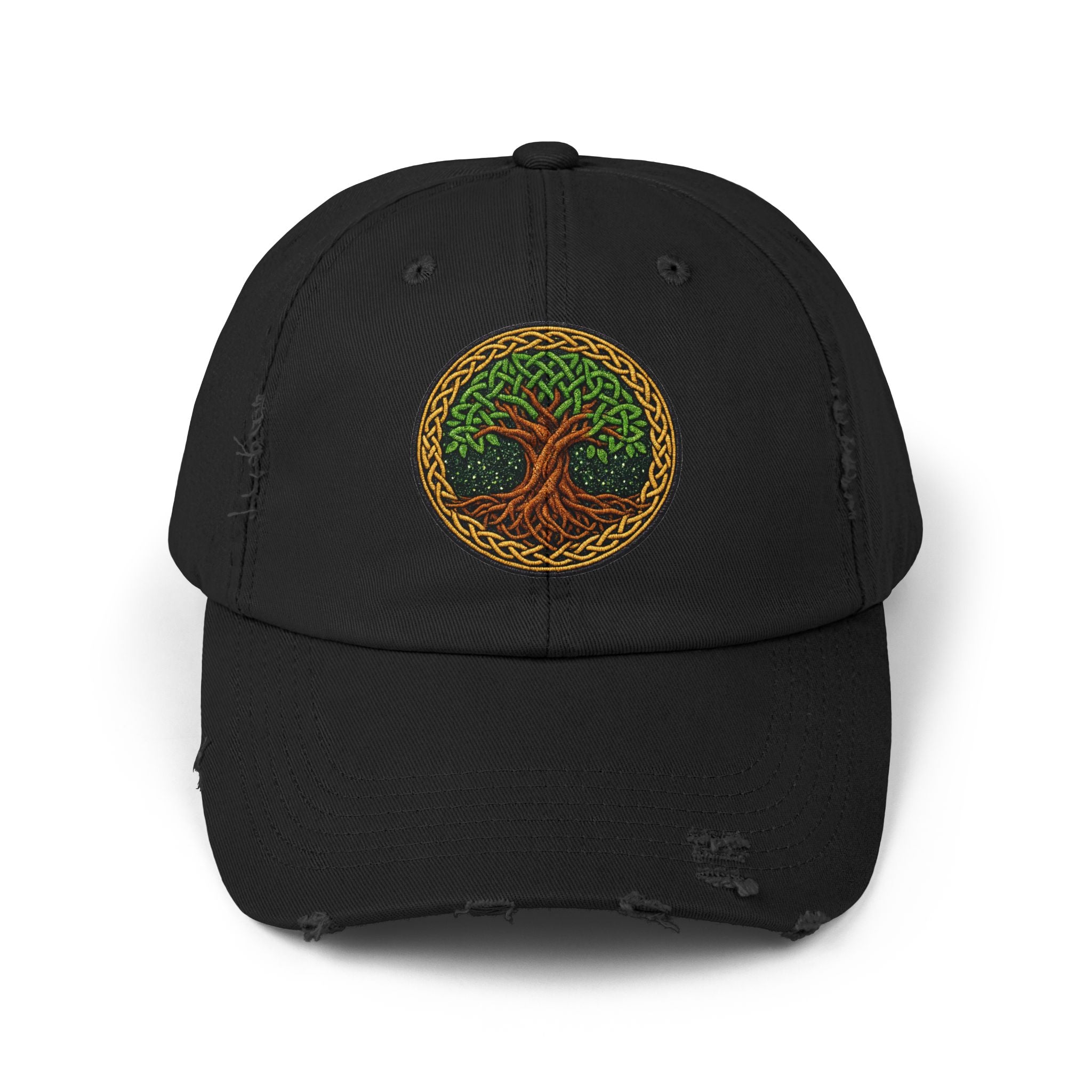 Distressed Baseball Cap — Celtic Tree of Life Faux-Embroidered Adjustable Hat