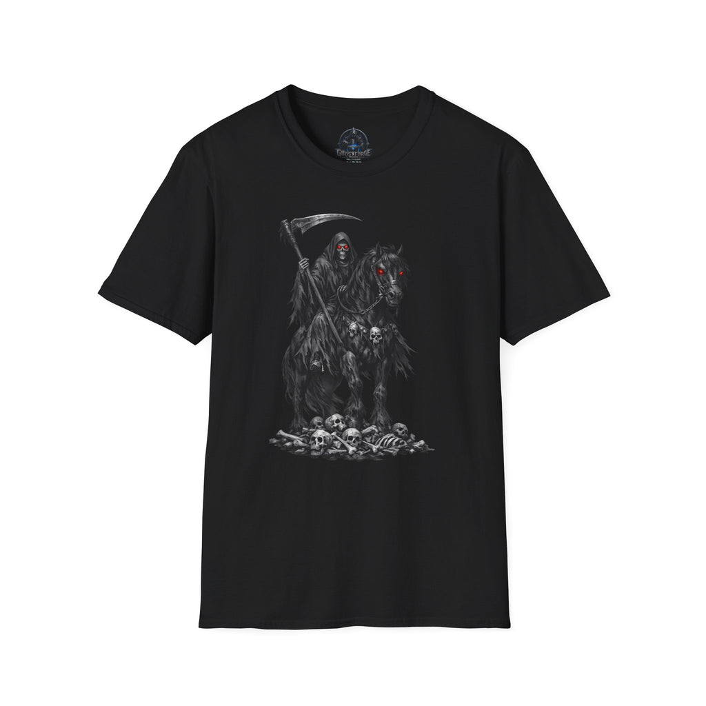 Grim Reaper Skull Tee — Dark Gothic Scythe Shirt with Red-Eyed Horse